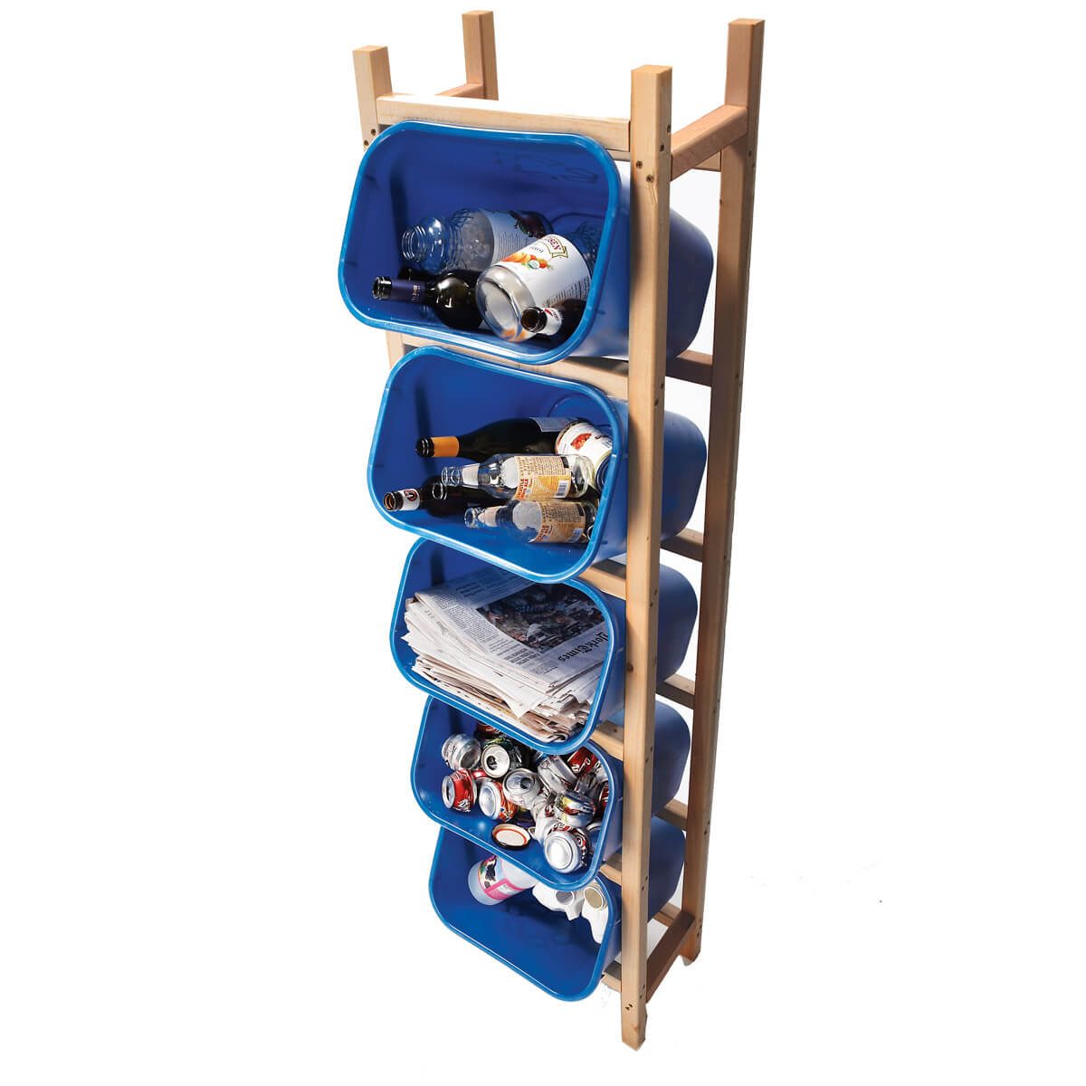 Blue bins hold recyclables, stacked vertically on a wooden frame, containing bottles, cans, newspapers, and plastic containers for organized storage.