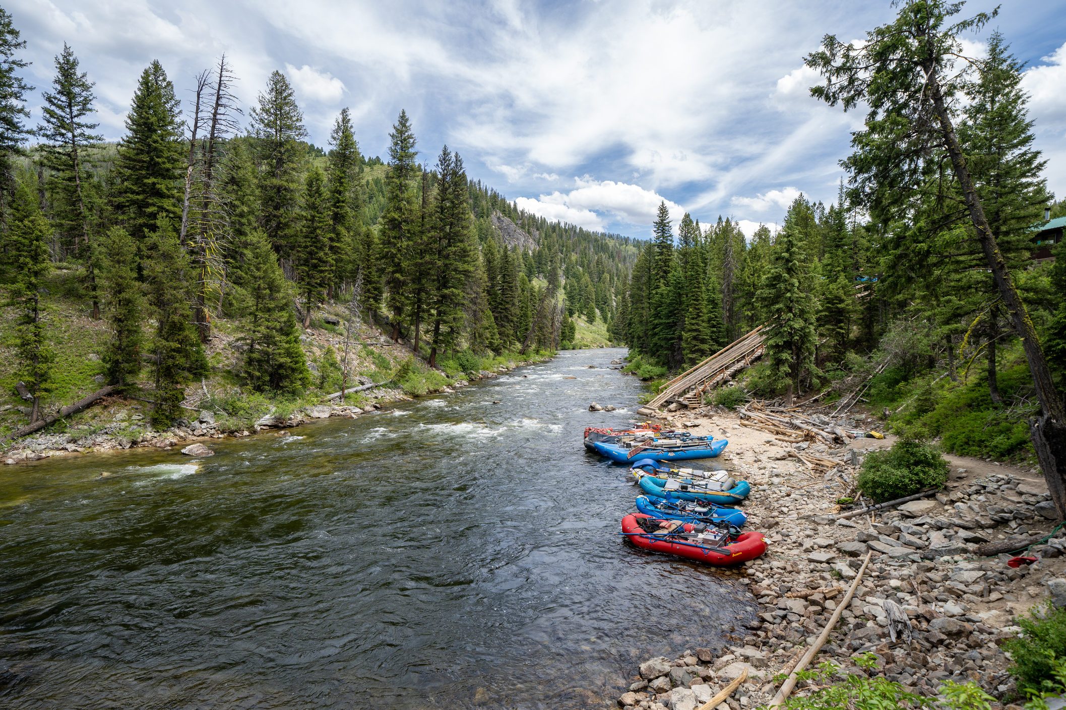 Rafting tours put in rafts down the ramp at Boundary Creek area of Idaho, a popular spot for starting a rafting trip in the Middle Fork of the Salmon River