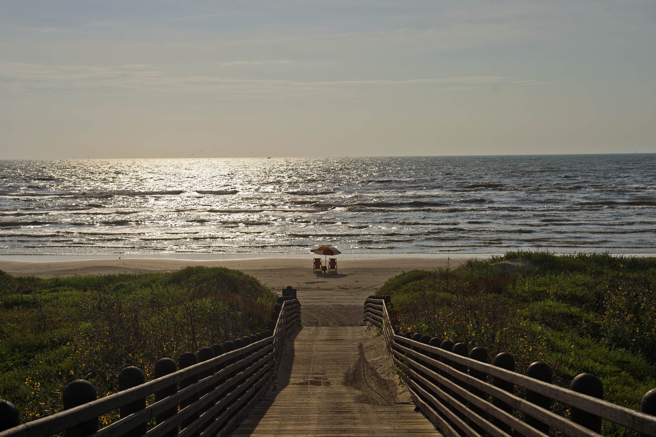 Pathway leads to two chairs and an umbrella, facing the ocean, with waves reflecting sunlight; surrounded by green foliage.