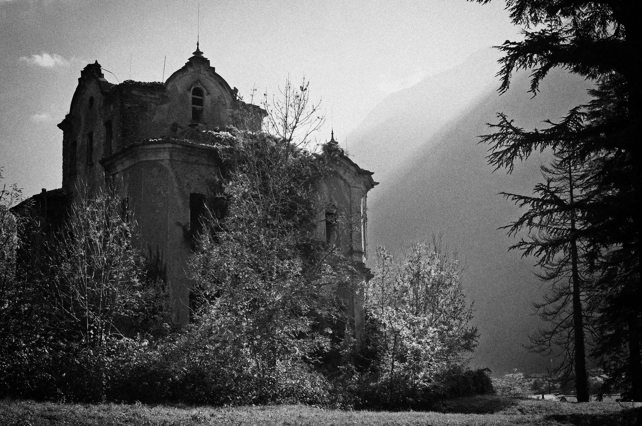An old, abandoned building sits surrounded by overgrown vegetation under a misty sky, with distant mountains faintly visible in the background.