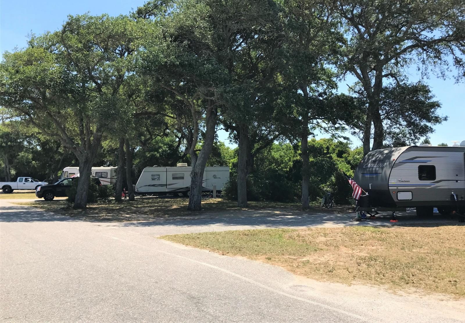 RVs parked under trees display American flag, set in a sunny campground with visible road and background vegetation.
