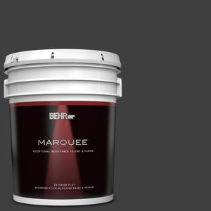 Paint bucket with Behr logo stands against dark background. It reads 