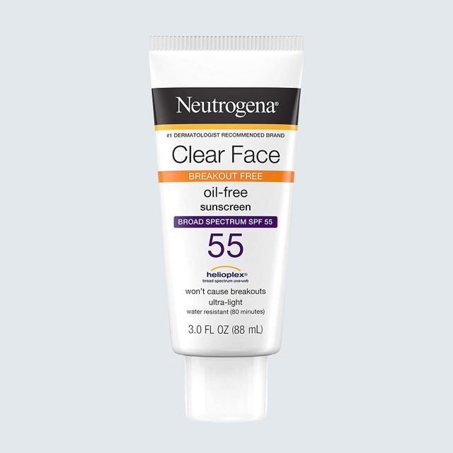 Tube displays Neutrogena Clear Face oil-free sunscreen, SPF 55, promising not to cause breakouts. Plain background; 3.0 FL OZ (88 mL) container.