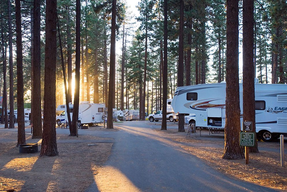 RVs parked among tall pine trees during sunset, with light filtering through the forest. A "Speed Limit 5 MPH" sign is visible.