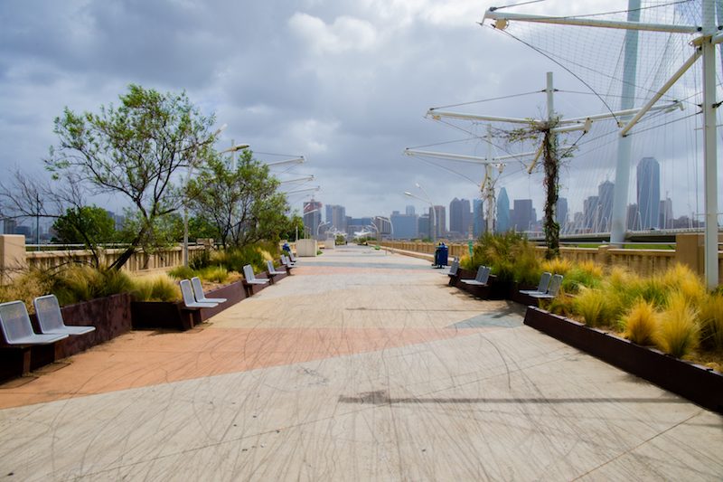 Benches line a paved walkway adorned with plants, leading towards distant skyscrapers under a cloudy sky.
