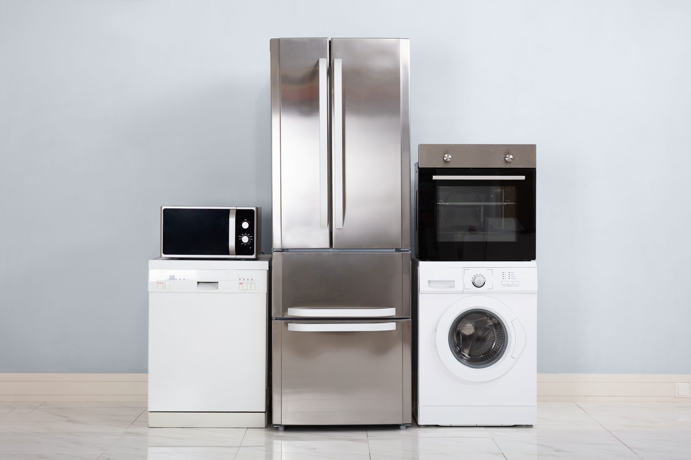 household appliances. microwave, dishwasher, refrigerator, oven, washing machine