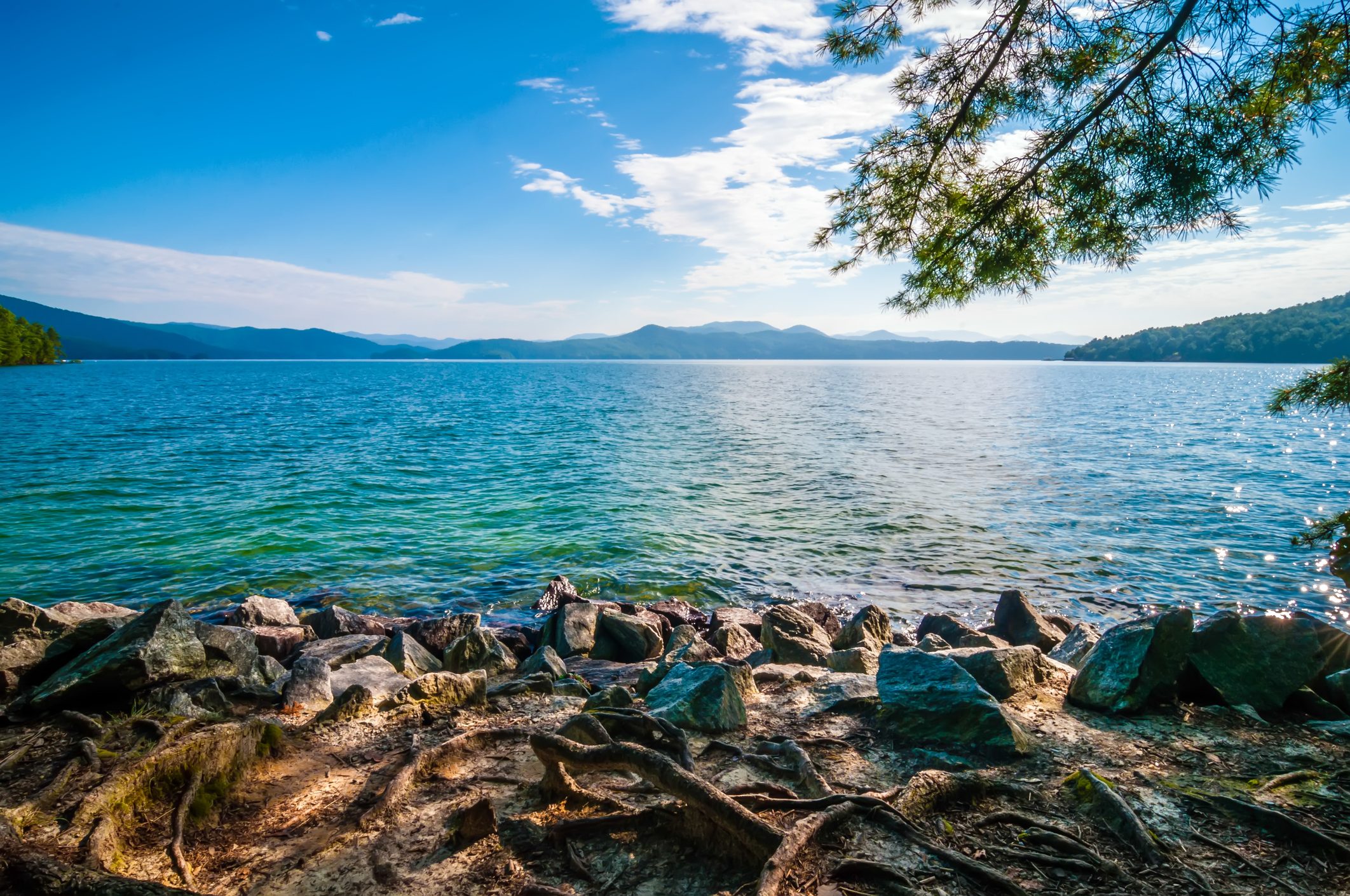 Rocky shore meets sparkling lake beneath bright sky, framed by tree branches, with distant mountains along the horizon.
