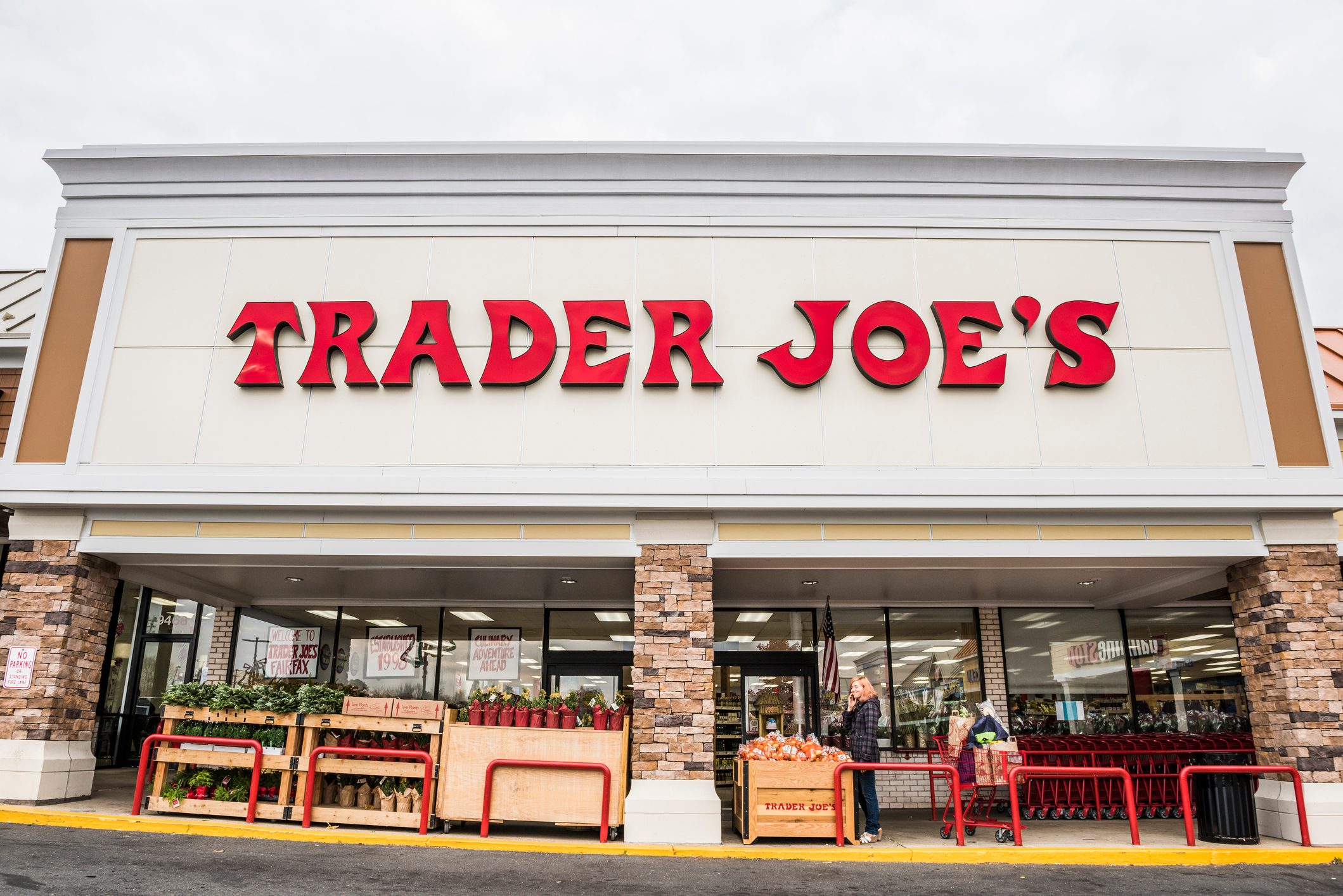 Trader Joes grocery store entrance with sign