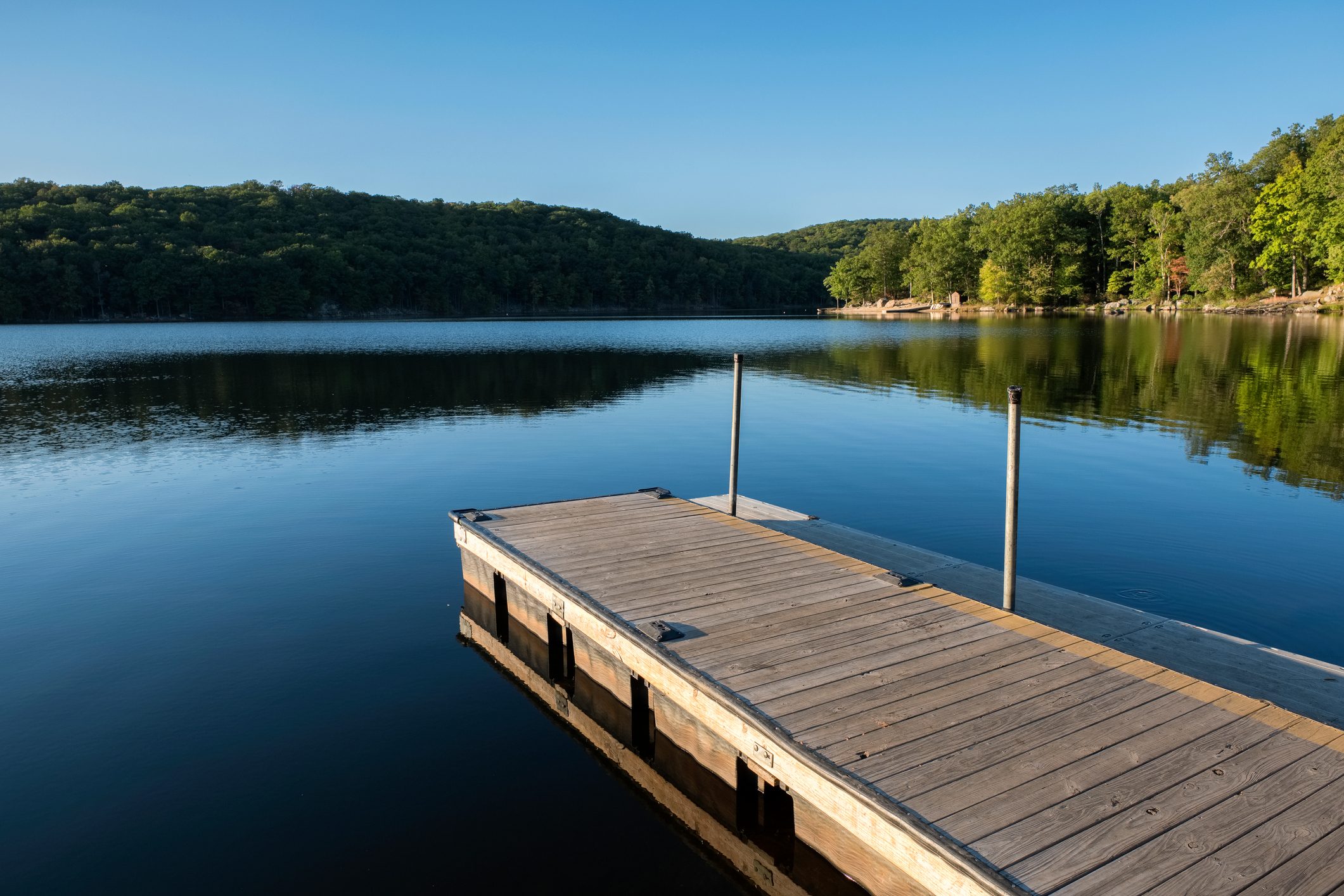 Wooden dock extends into tranquil lake, surrounded by lush green forested hills under a clear blue sky.