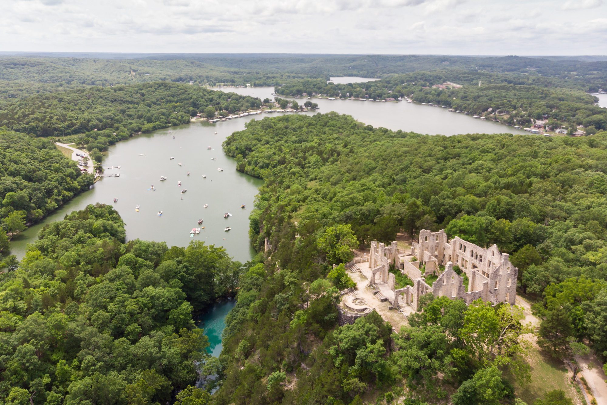 Aerial photo of Ha Ha Tonka State Park at the Lake of the Ozarks Castle Ruins in missouri
