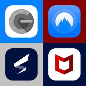 Four app icons are displayed: a gear, mountains, a lightning bolt, and a red shield, each in a colored square.