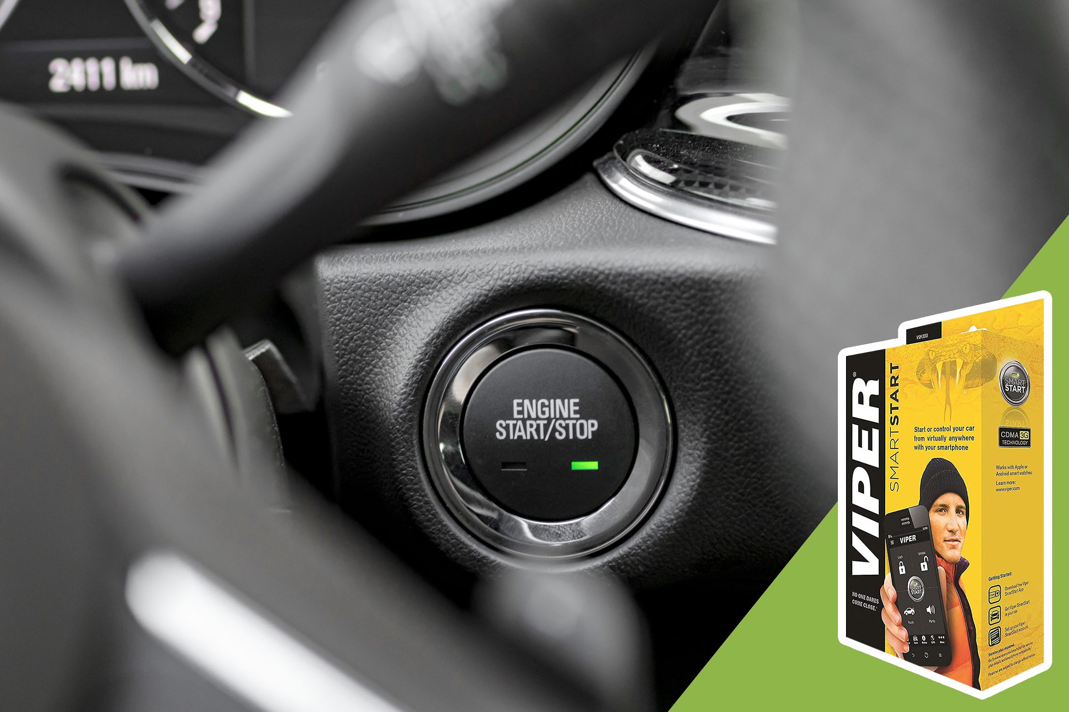 Button displays "ENGINE START/STOP," located in a car dashboard. Adjacent is a Viper SmartStart package with smartphone control capability.