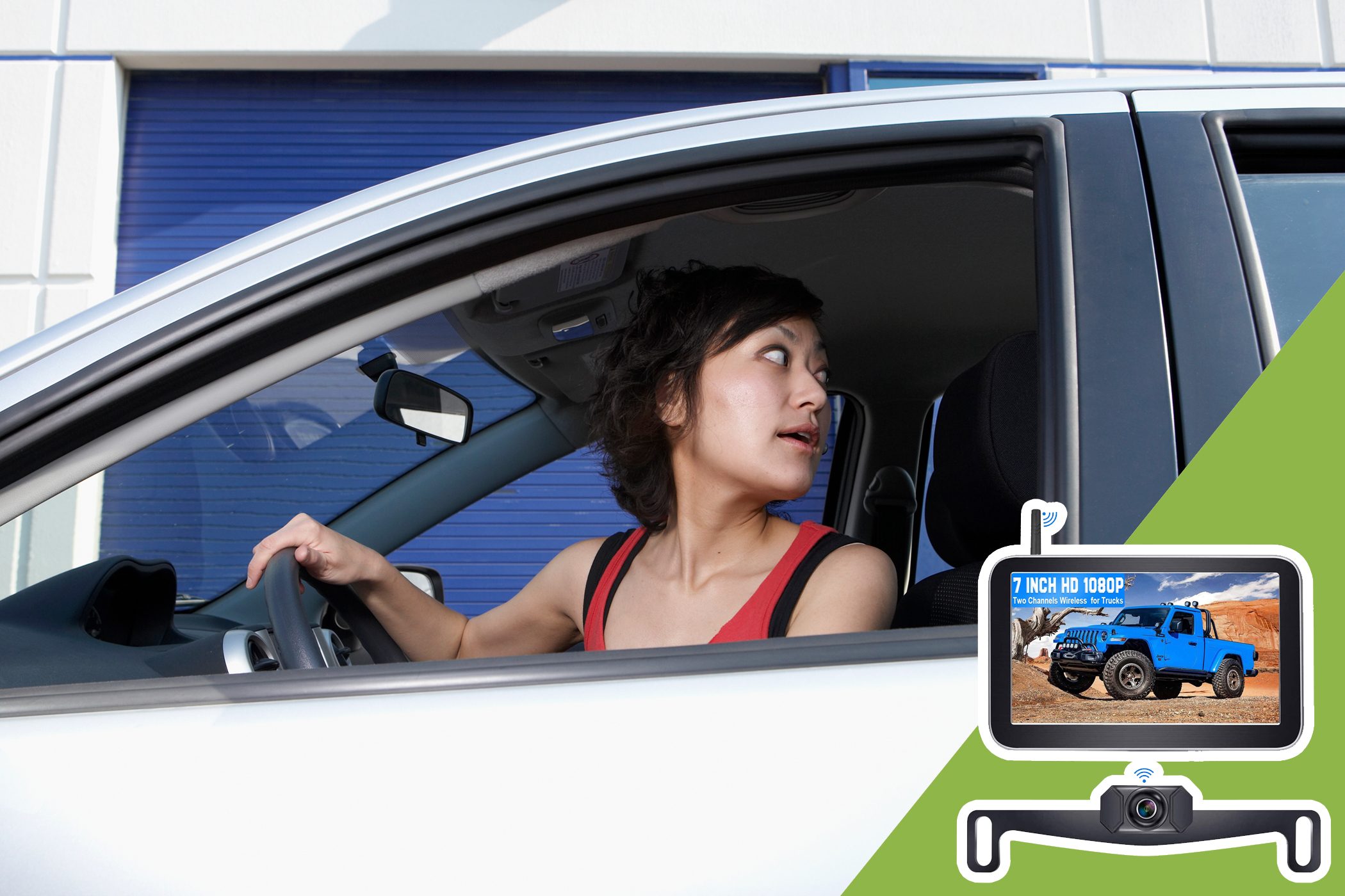 A person driving glances backward from a car. Nearby is a small display showing a blue vehicle, labeled "7 INCH HD 1080P" for trucks.