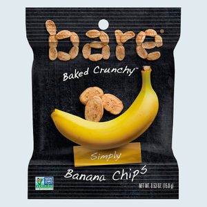 A snack bag displays banana chips and a banana; text reads 