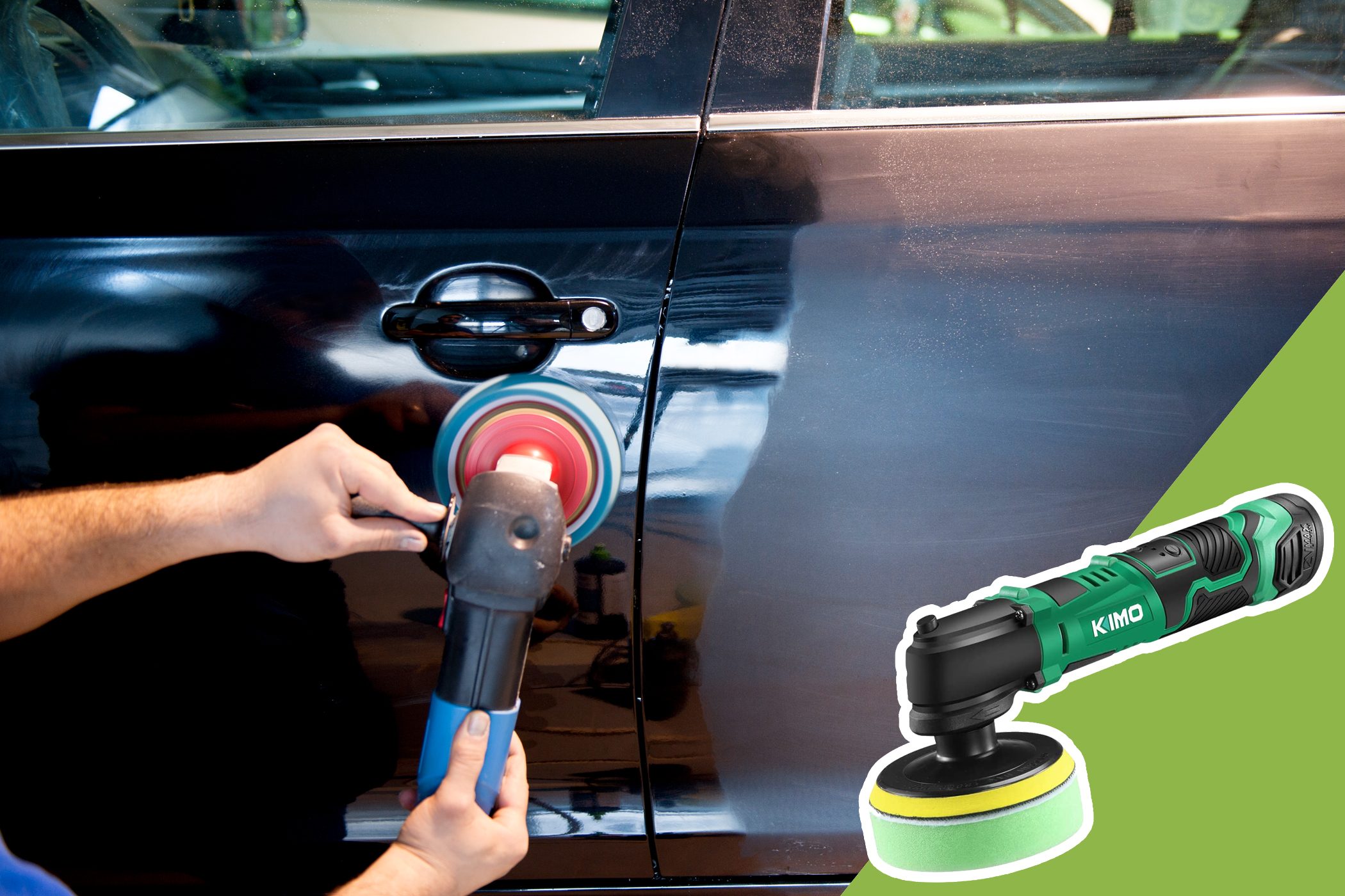 A person polishes a black car door using a power buffer; inset shows a green "KIMO" branded polisher on a green background.