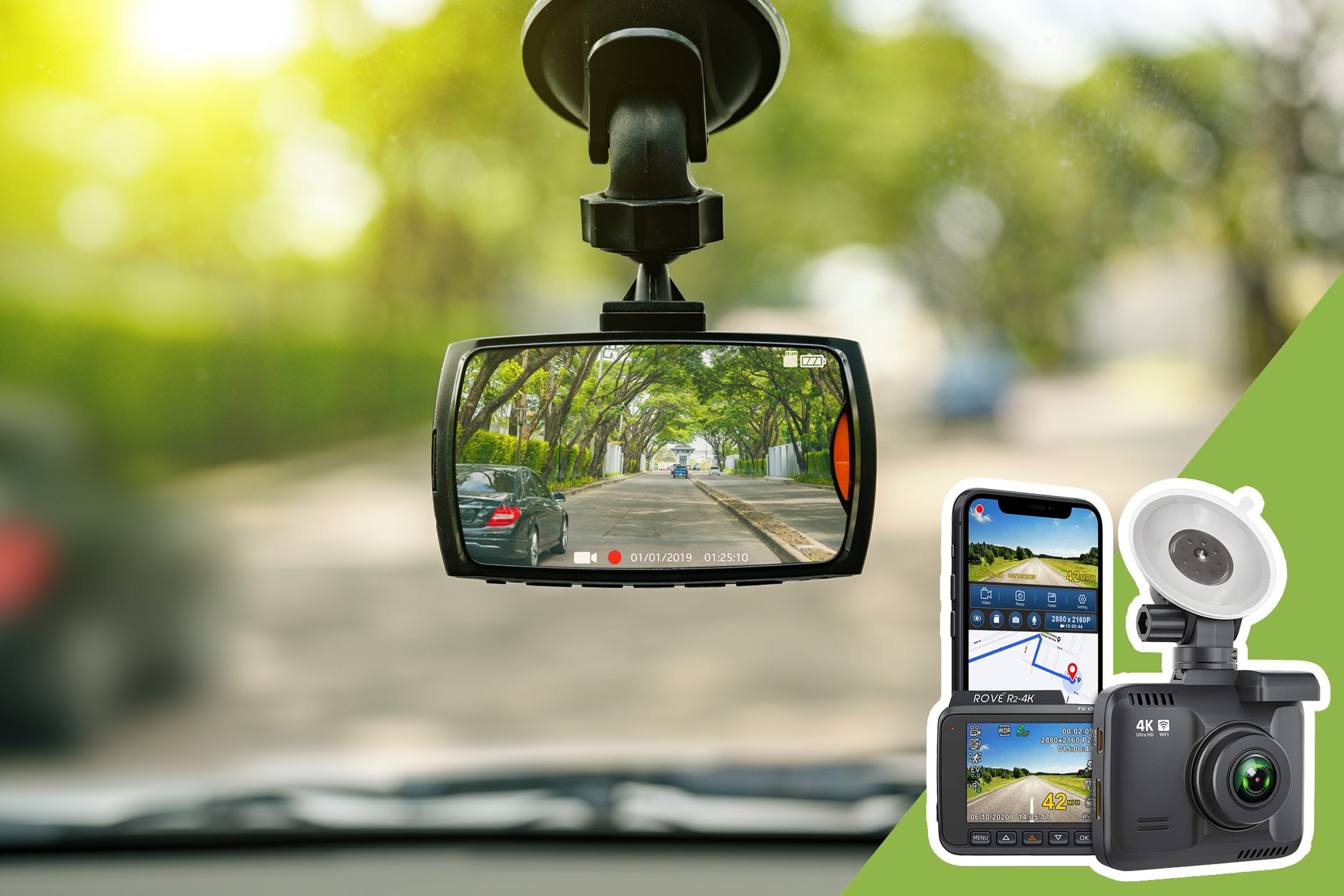 Dashcam recording road in a green, tree-lined neighborhood; additional graphics showcase a smartphone interface and camera features.