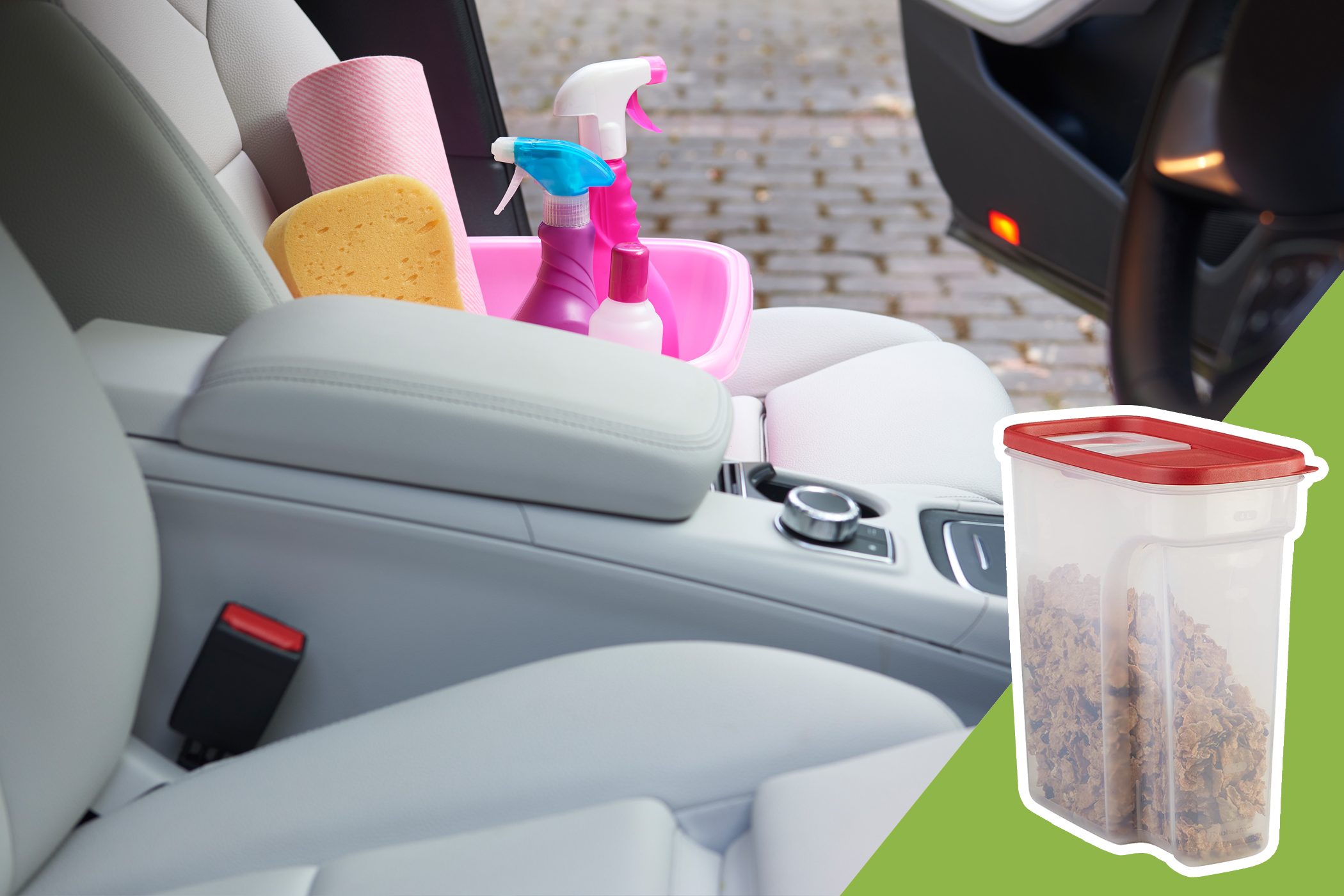 Cleaning supplies sit on a car seat with a sponge, spray bottles, and towel, while a container holds cereal nearby.