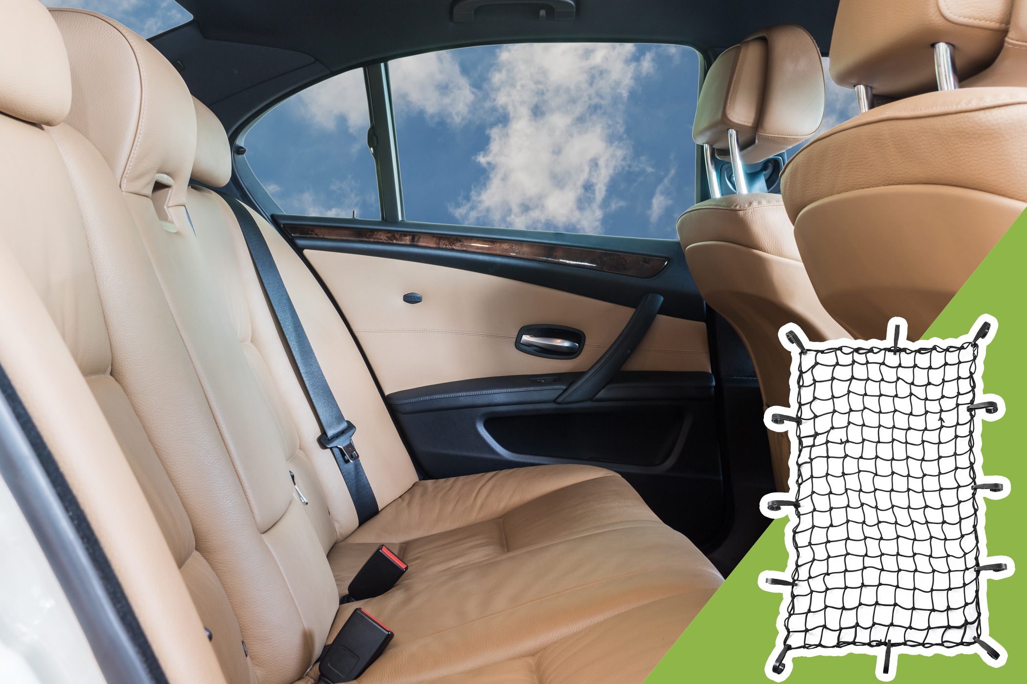 Car interior shows tan leather seats; window reveals blue sky. Insert of a mesh net, green background, shown in the bottom right corner.