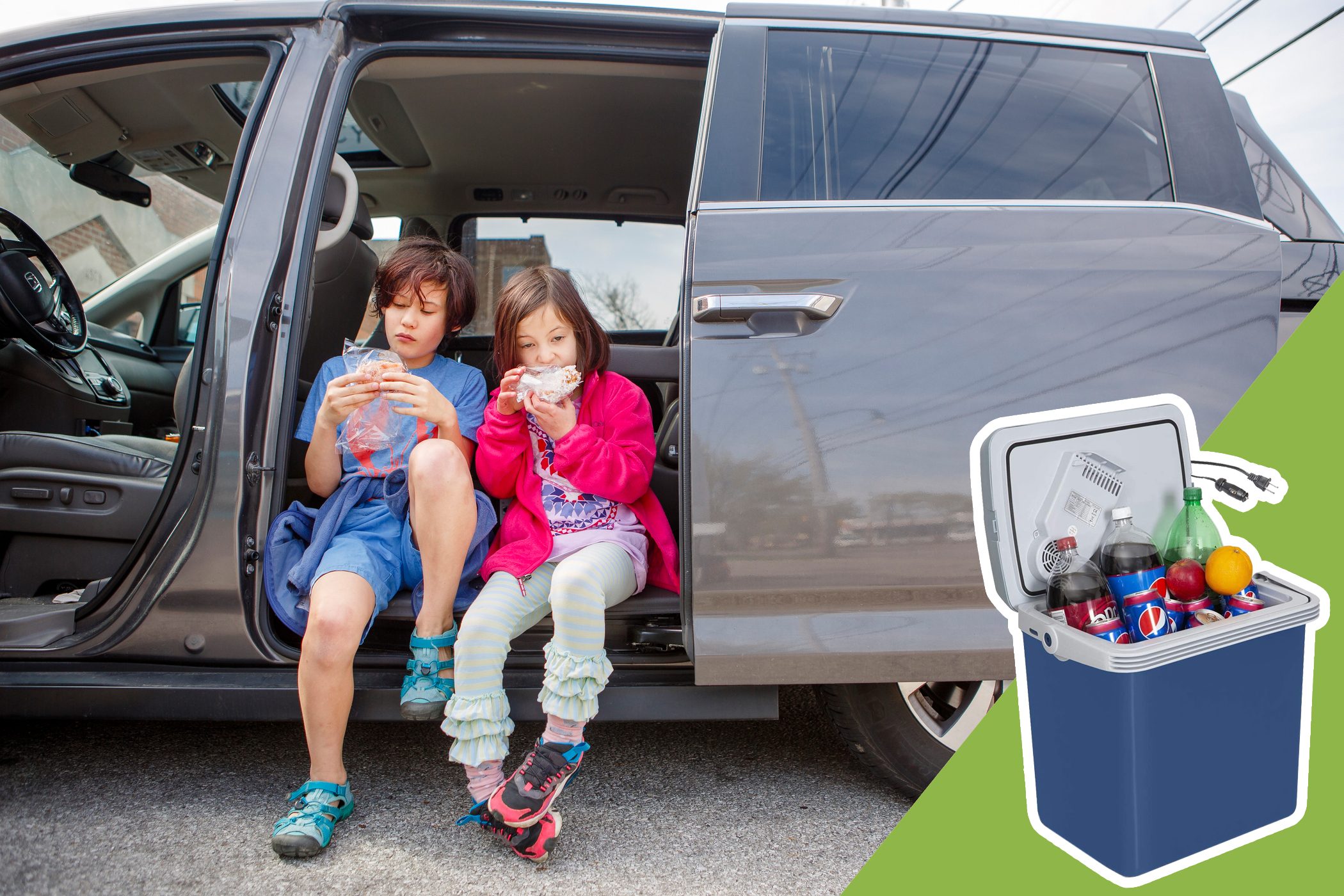 Children sit in a parked car's open door, eating sandwiches. A cooler filled with drinks and fruits appears in the foreground.