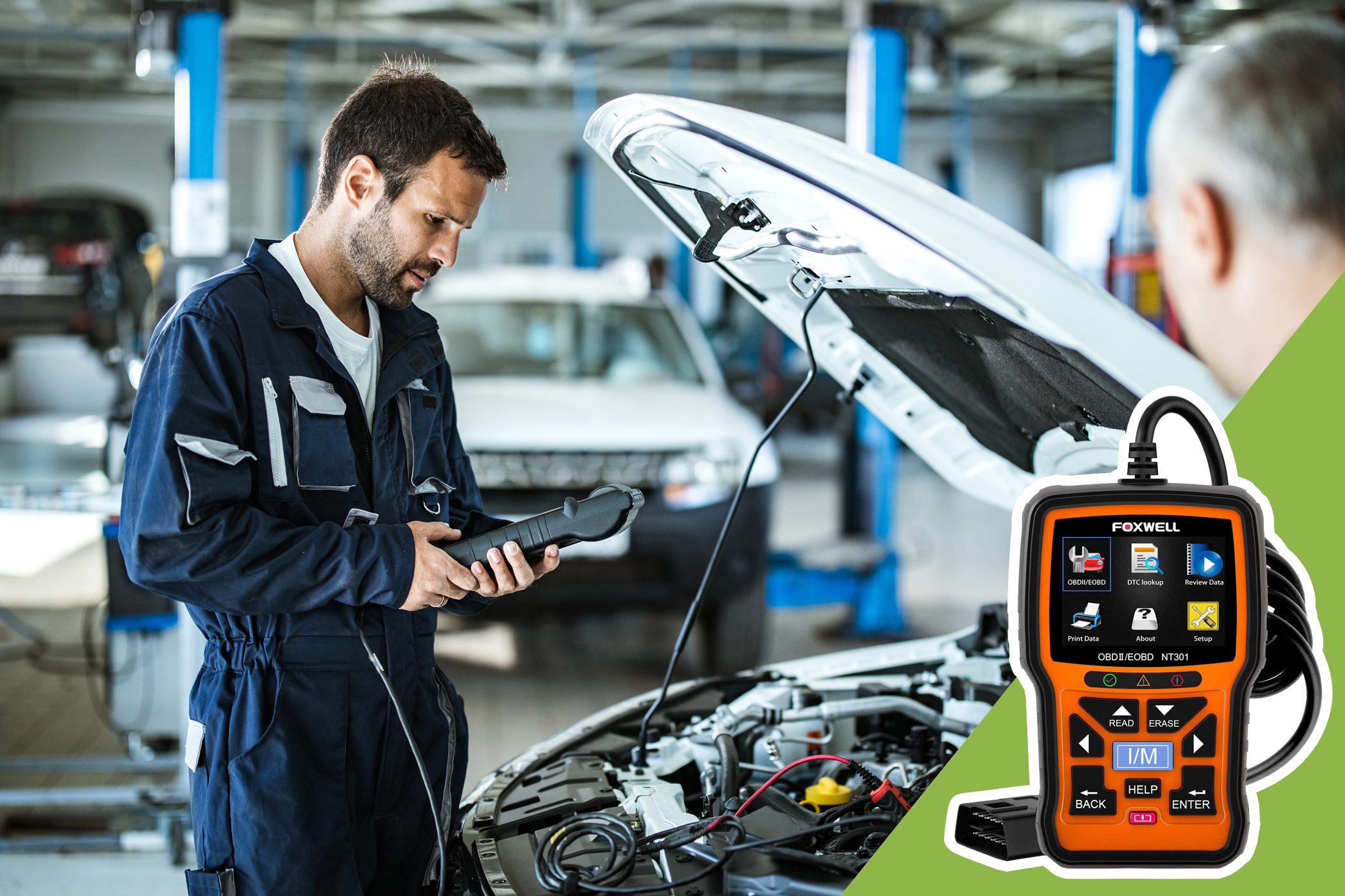 Mechanic examines handheld diagnostic tool near car with open hood in a garage. Display shows "FOXWELL" brand and various functions.