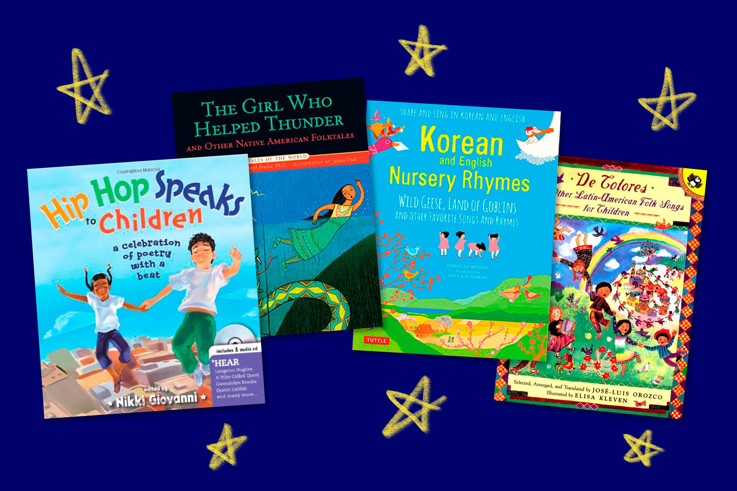 Four colorful children's book covers displayed on a blue background with drawn yellow stars.