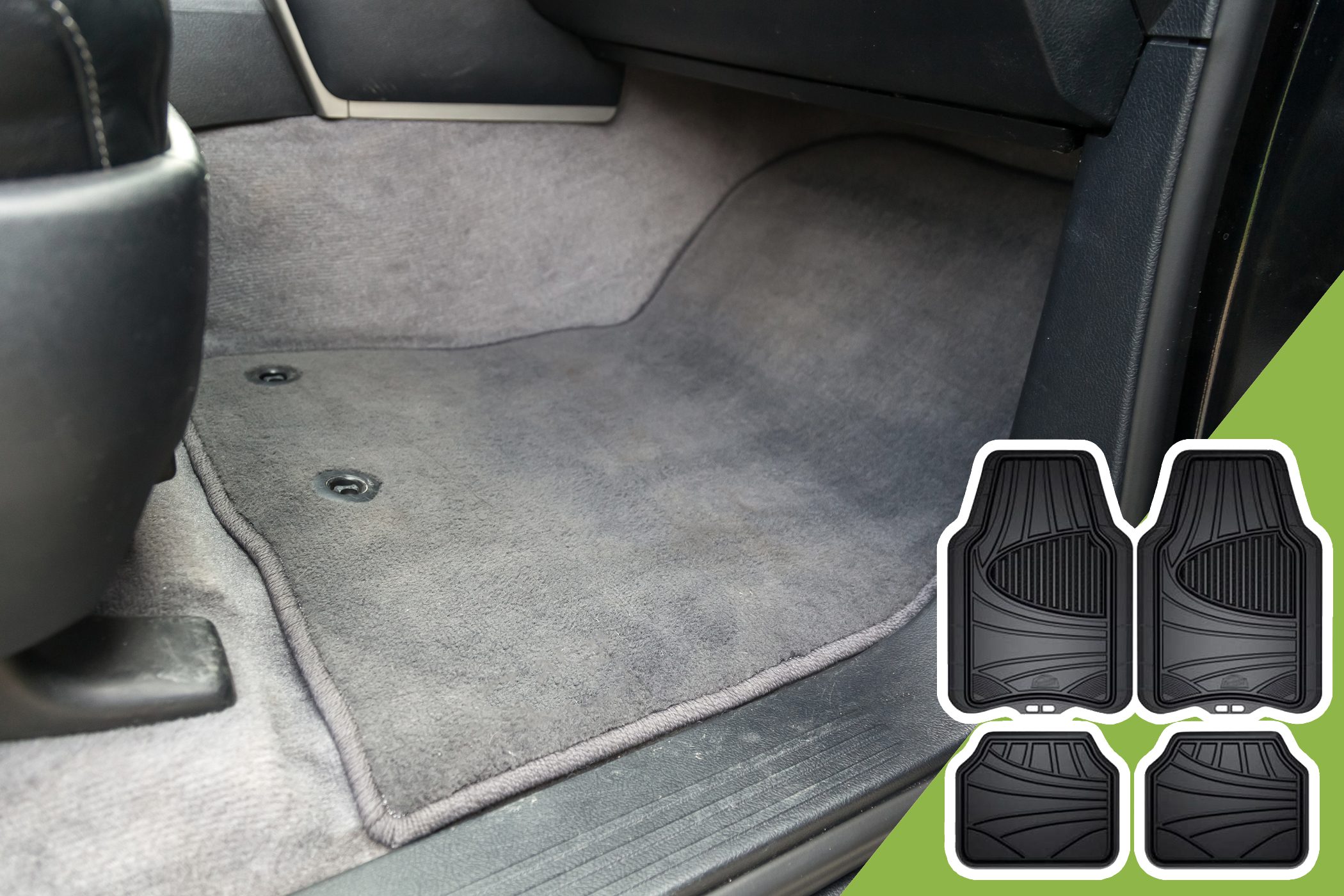 Car floor displays gray carpet, highlighting space. Overlay shows four black rubber mats, suggesting replacement or protection.