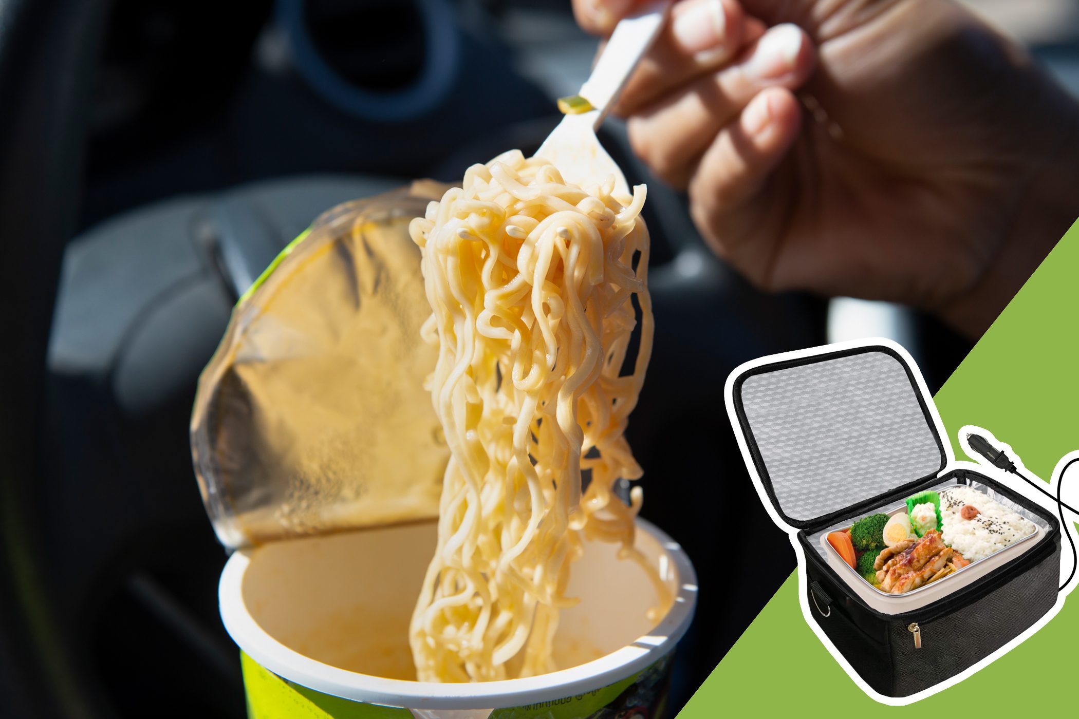 A hand lifts noodles with a fork from a cup next to a lunchbox containing rice and vegetables on a green background.