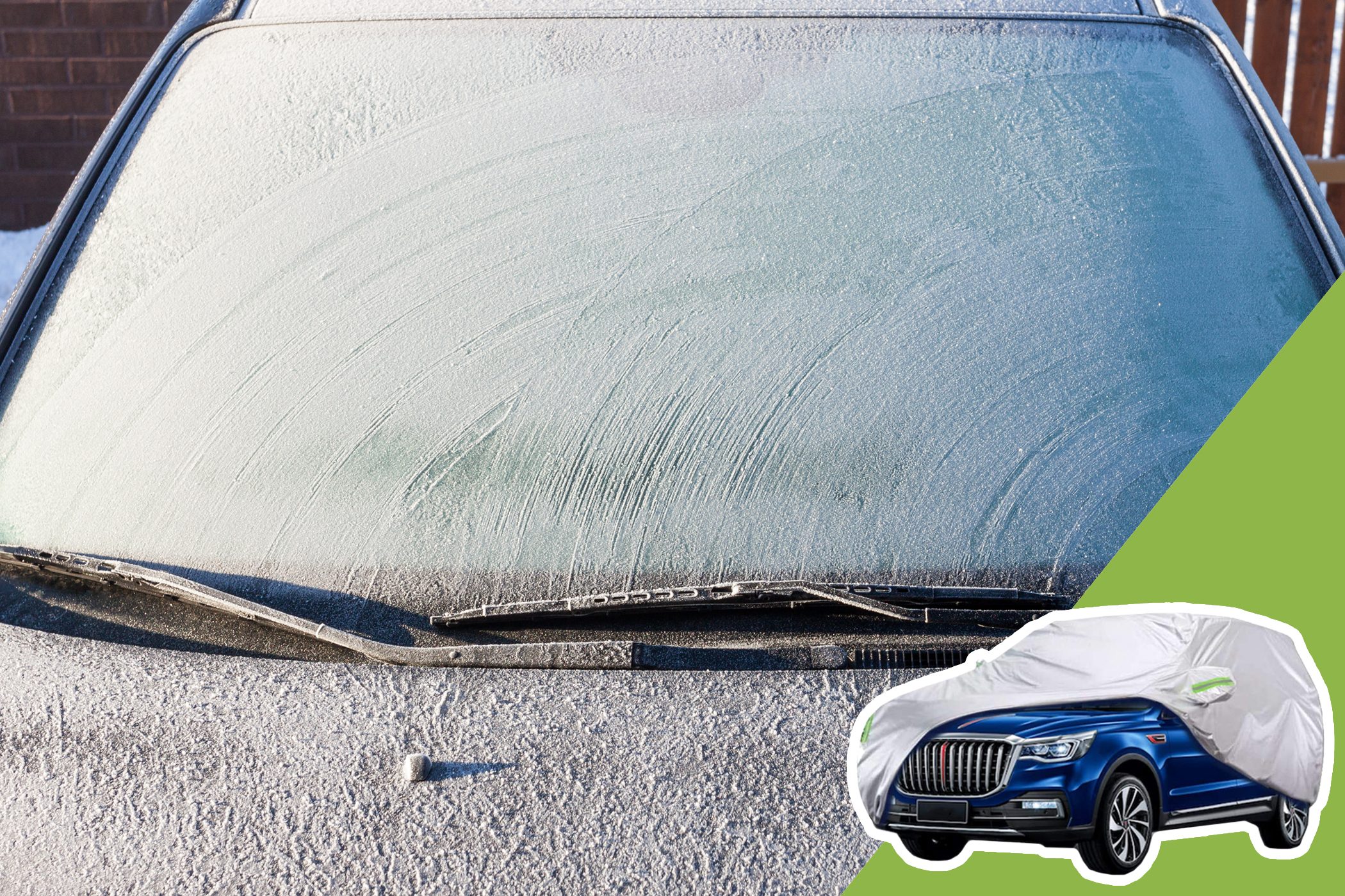 Car windshield is covered in frost; background is a frosty vehicle surface. Inset image shows a blue car partially covered with a protective cover.