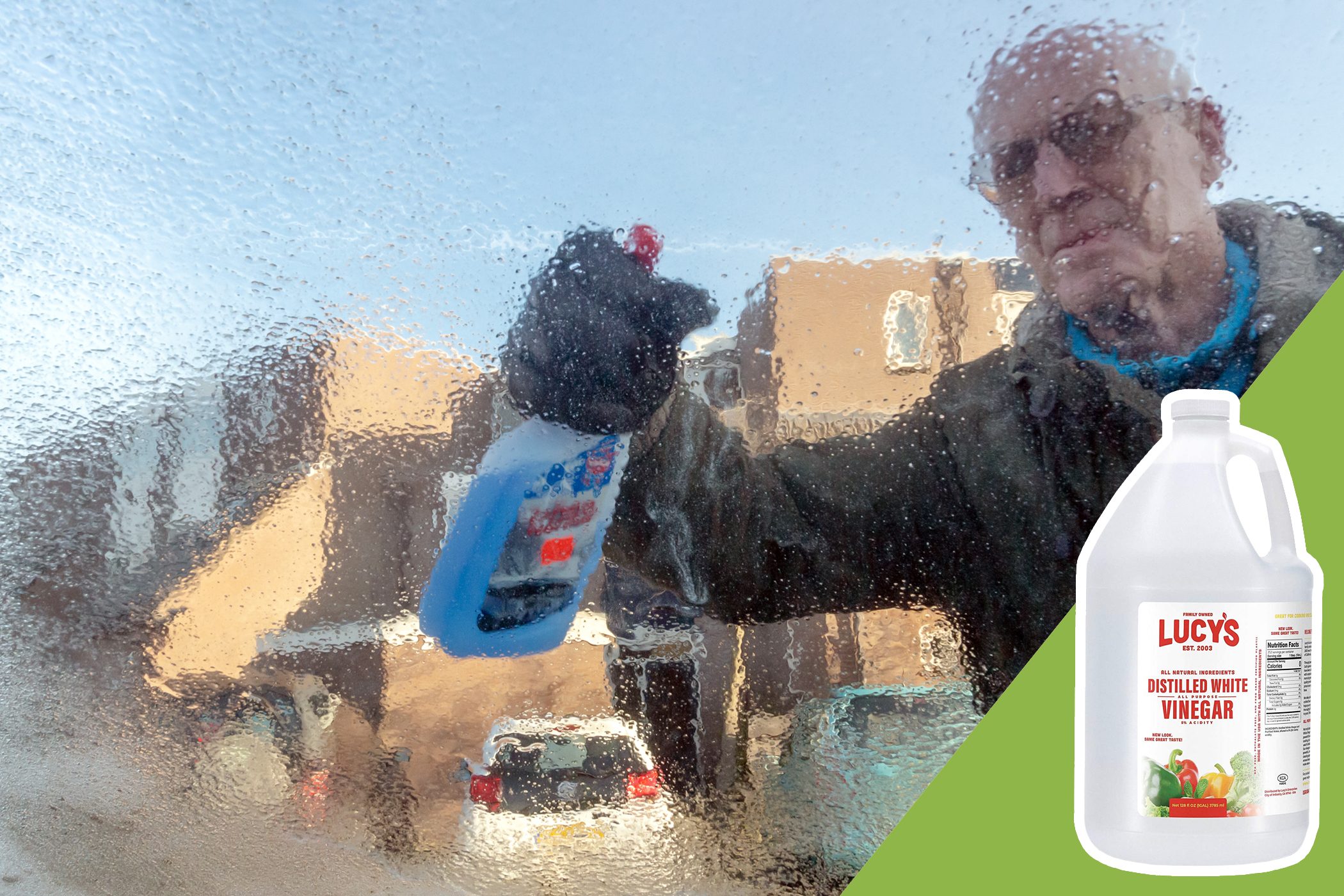 Person sprays cleaner on windshield; view shows droplets and background buildings. Bottle of Lucy's Distilled White Vinegar is visible on right corner.