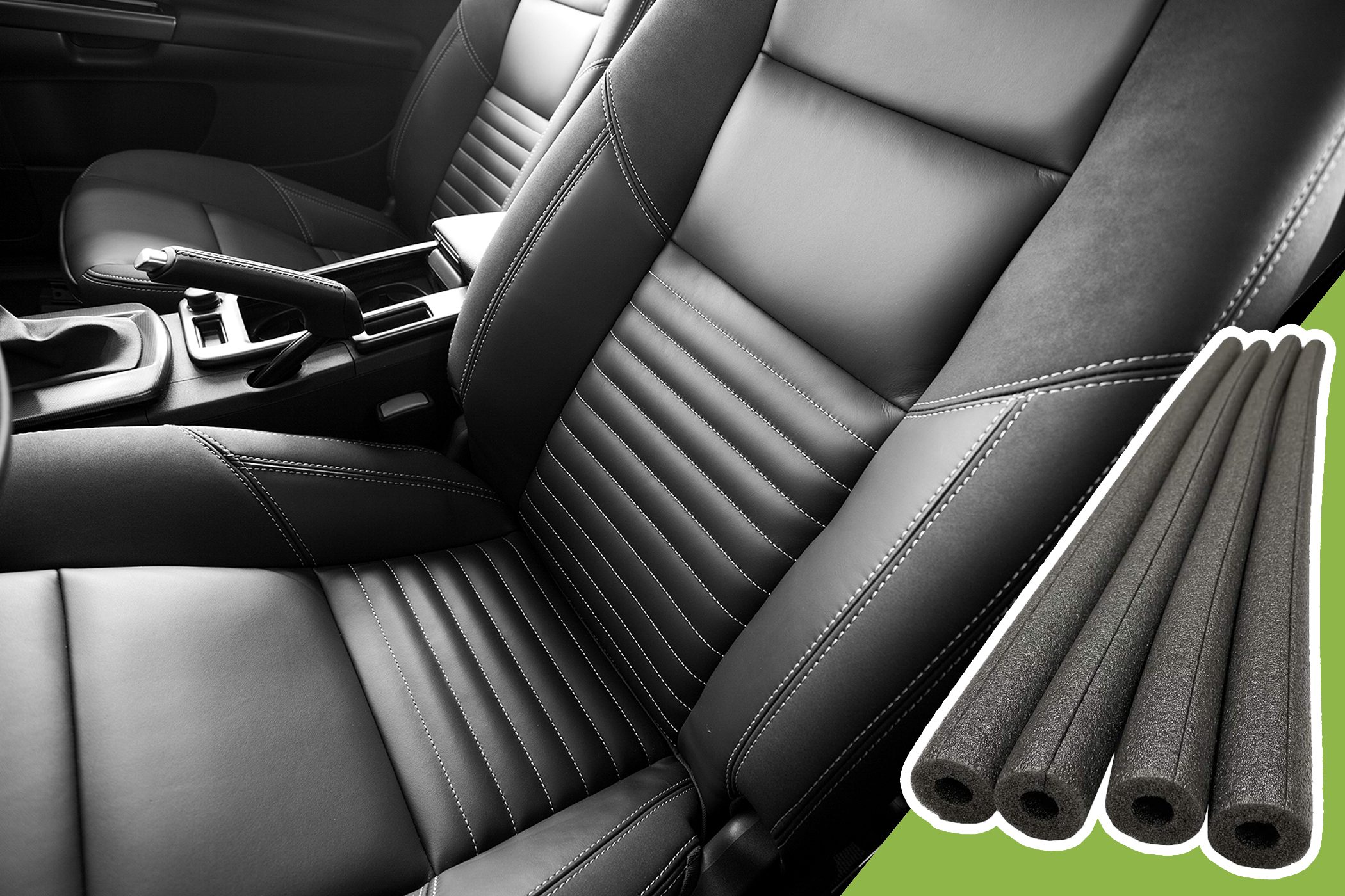 Black car seat with white stitching, located in a vehicle interior. Nearby, foam tubes are displayed against a green background.