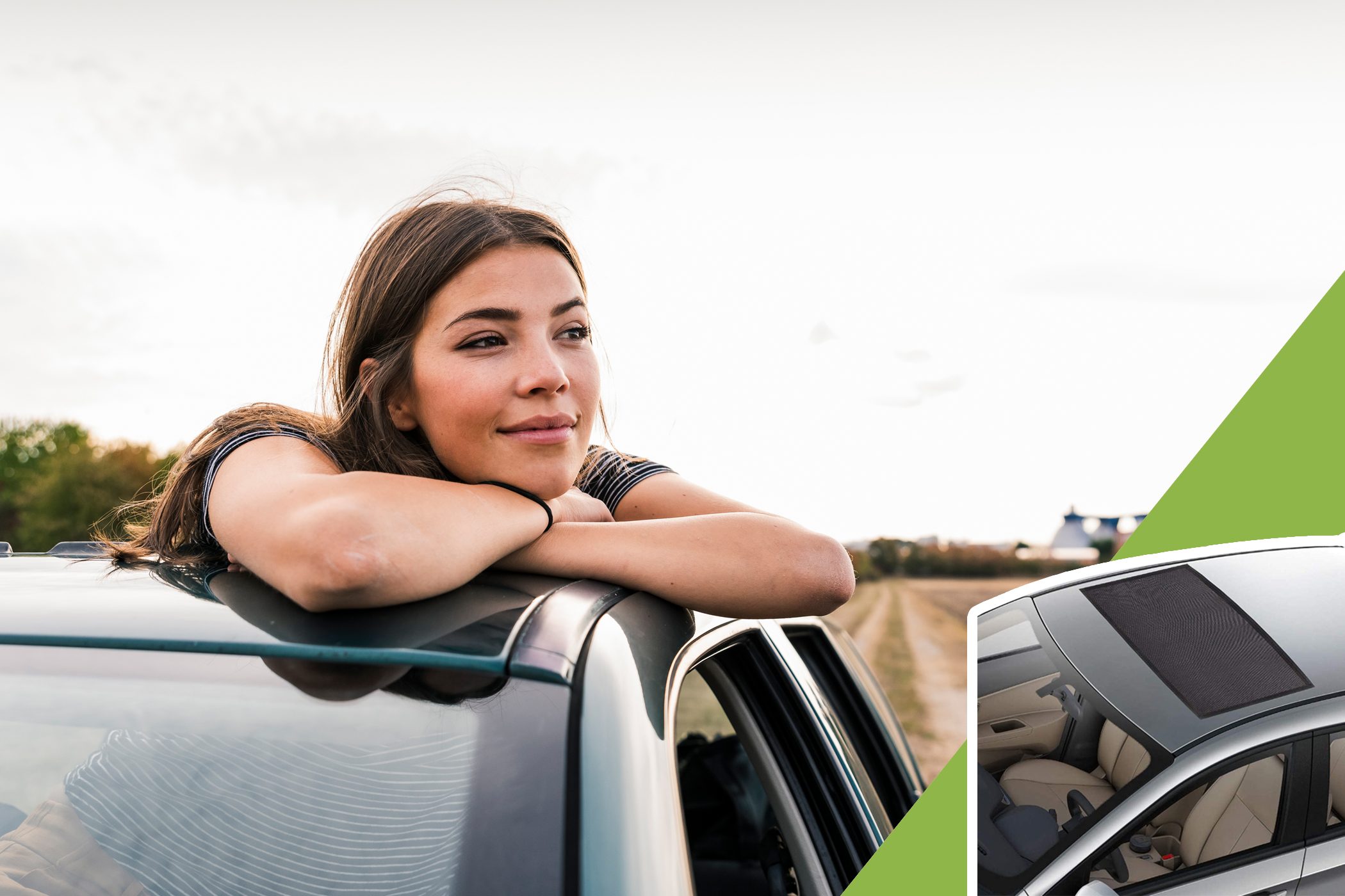 Woman leans on car roof, gazing contentedly outdoors. Close-up of sunroof on car in bottom-right corner, fields visible in background.