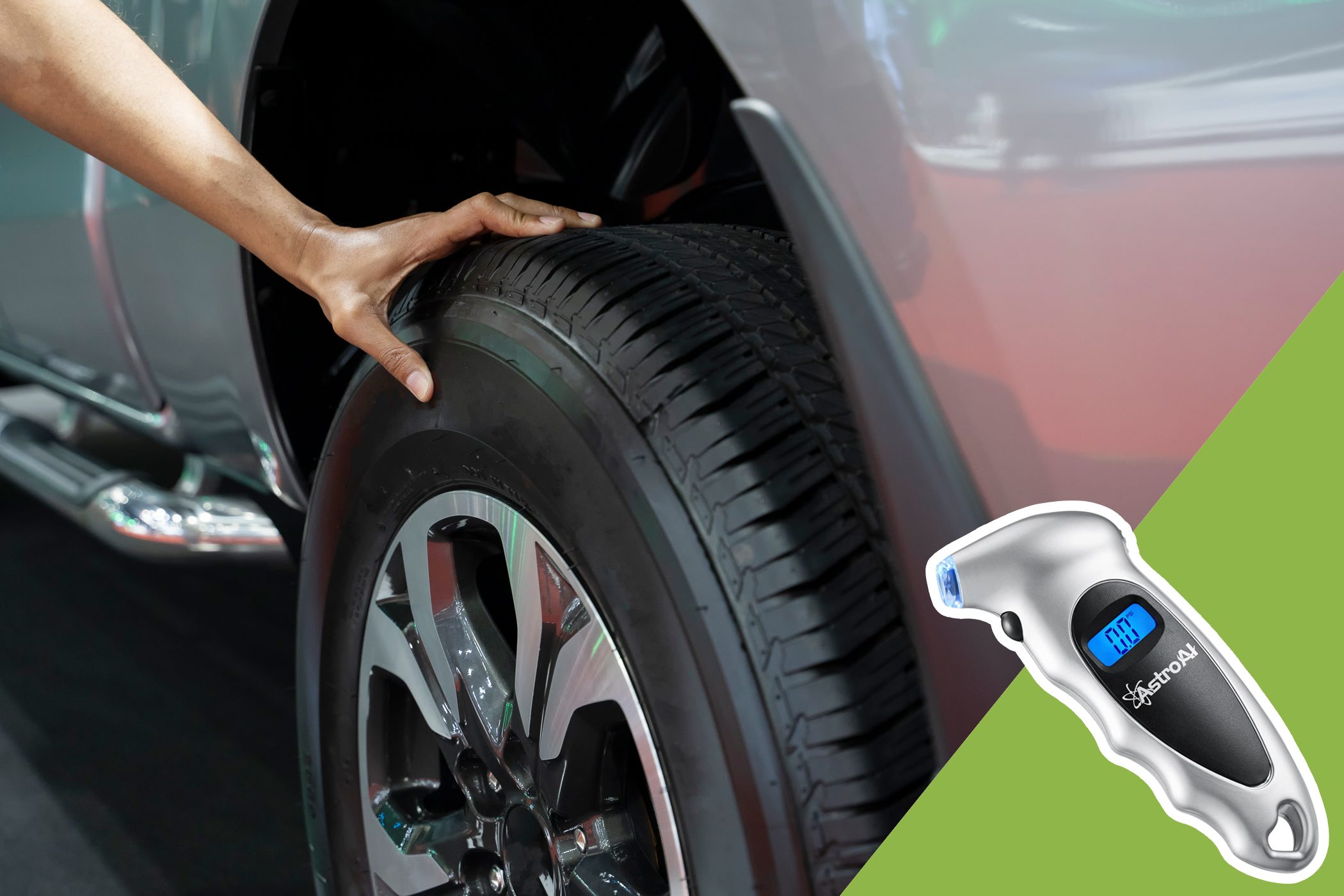 Hand touches a car tire; beside it, a digital tire pressure gauge displays "0.00" in blue on a green background.