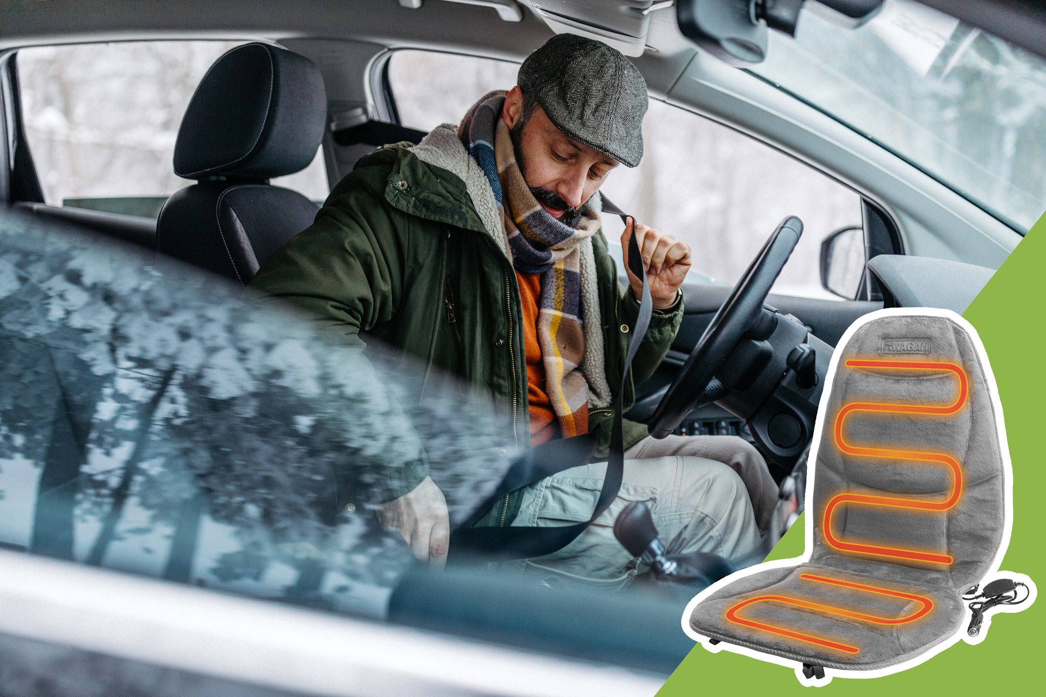 Man fastens seatbelt inside car; inset shows heated car seat cushion with orange glowing lines. Snowy landscape visible through window.