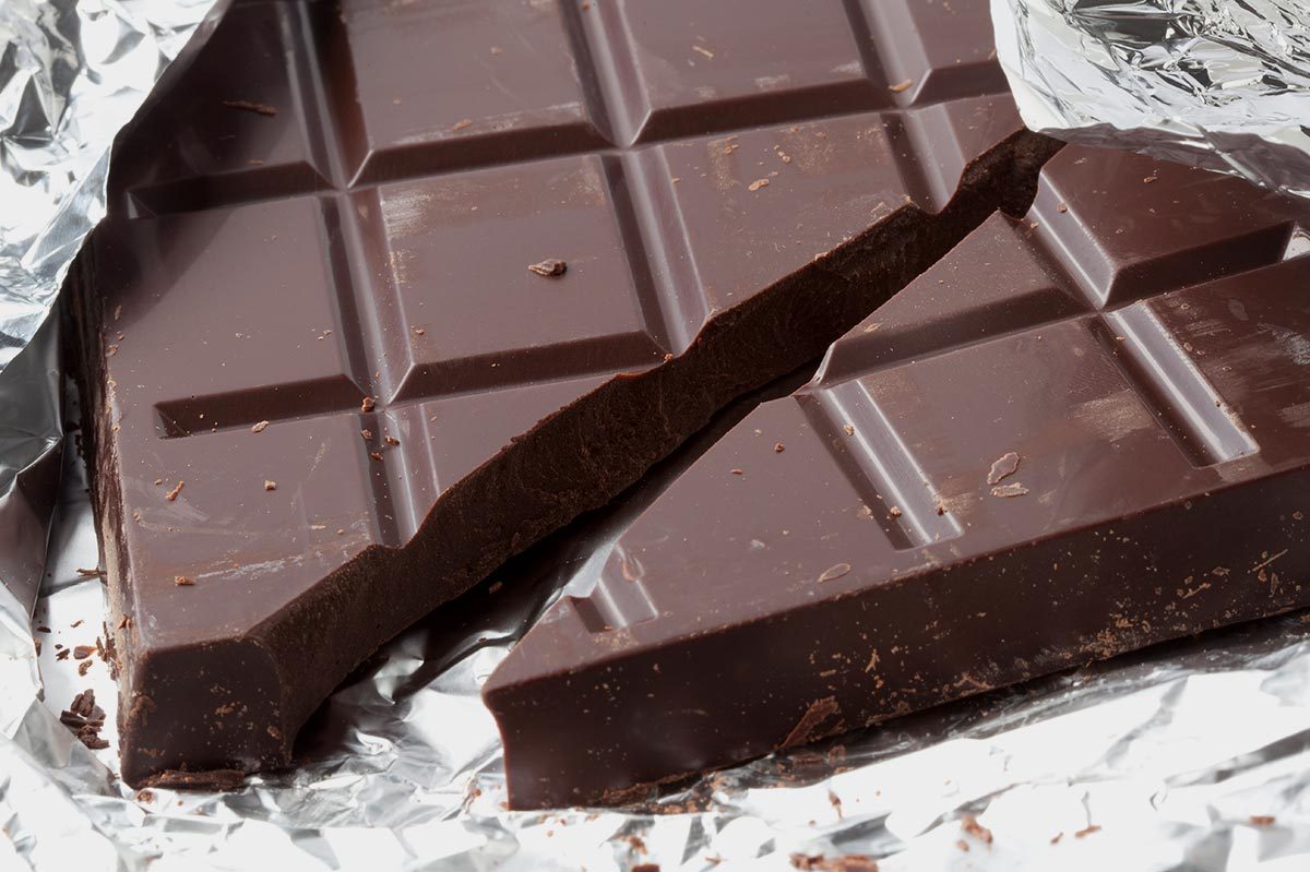 A broken chocolate bar rests on crumpled aluminum foil, revealing its rich, dark segments and texture in clear detail.