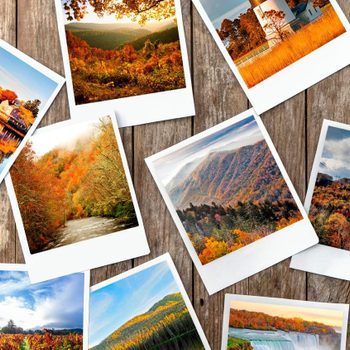 Photographs scattered, displaying vibrant autumn landscapes with colorful trees, mountains, water bodies, and wind turbines, set against a wooden background.