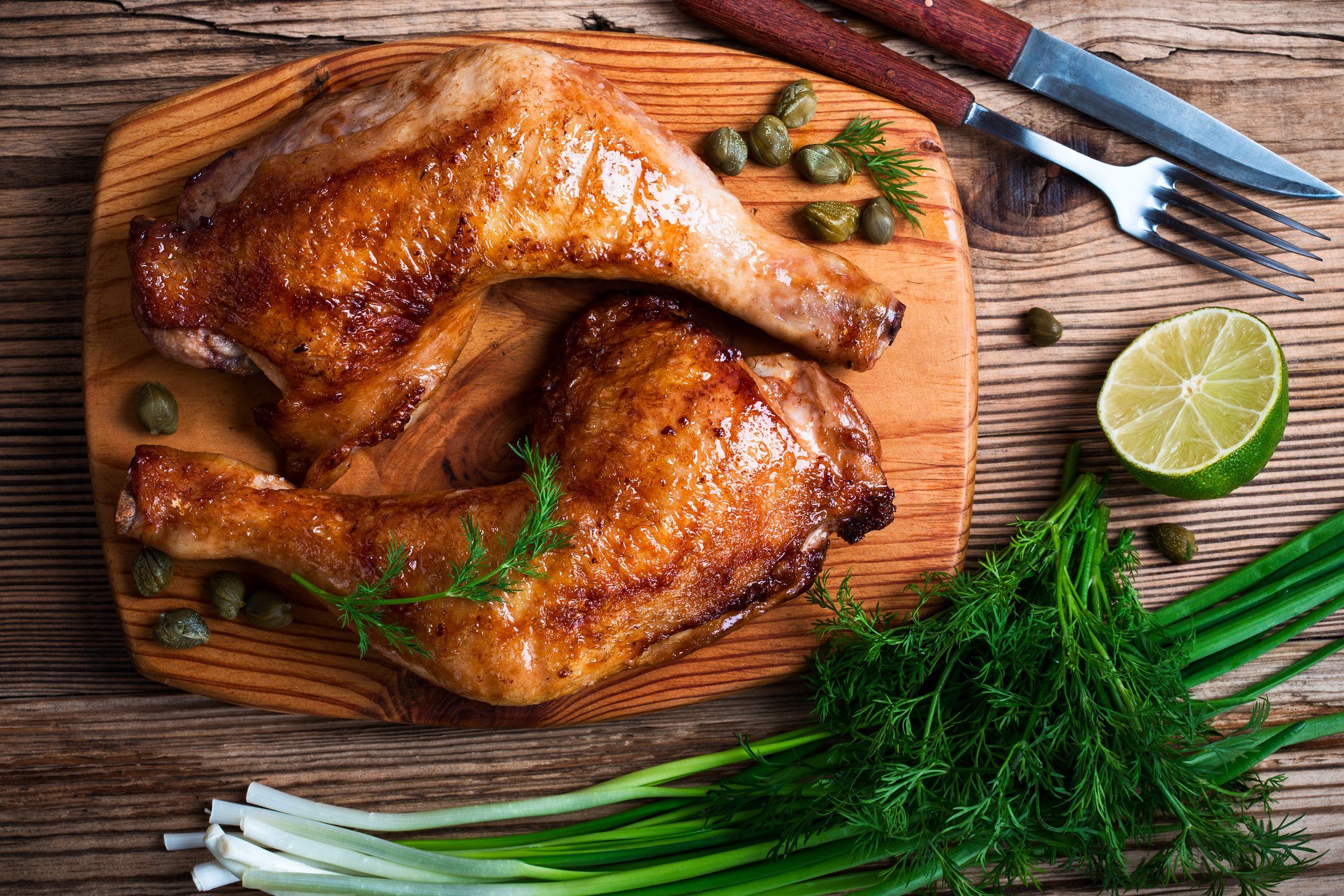 overhead shot of two chicken legs