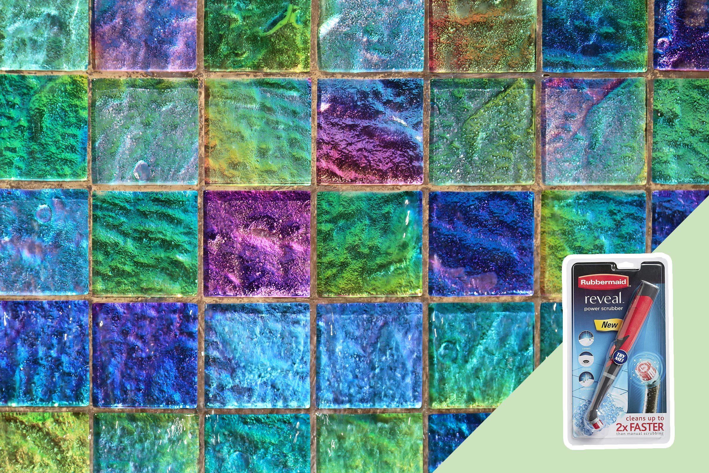 Colorful mosaic tiles shimmer, creating a vibrant backdrop. A packaged cleaning tool, labeled "Rubbermaid reveal power scrubber," rests in the lower right corner.