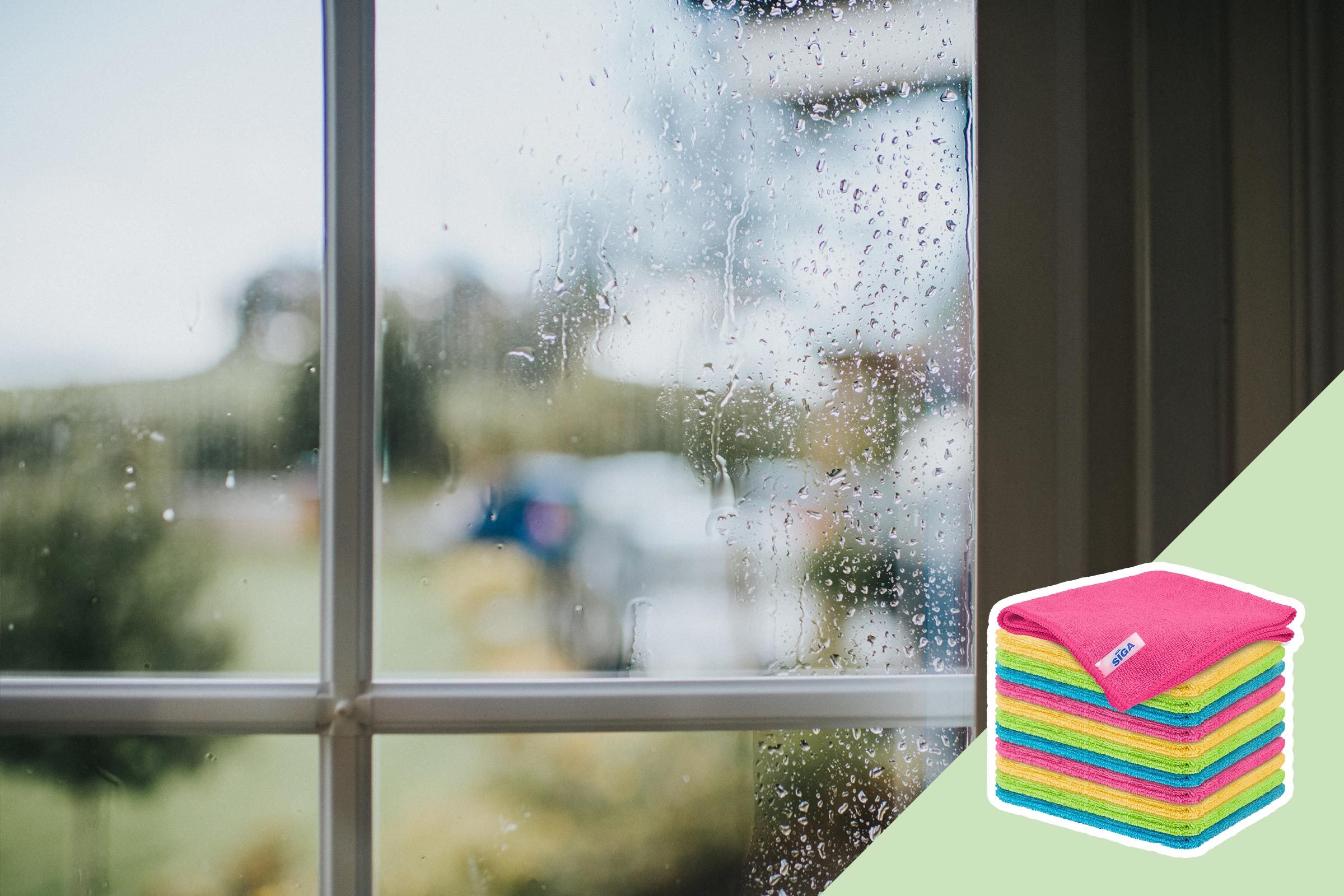 Raindrops trickle down a window; a stack of colorful microfiber cloths lies adjacent on a pastel green background.