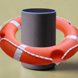 A smart speaker is encircled by an orange life ring, set against a plain beige background.