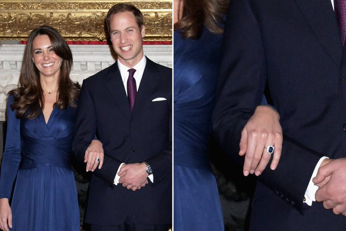 kate middleton with prince william wearing princess diana's engagement ring; close up of the ring