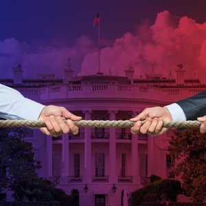 Hands pull a rope in opposing directions; background is the White House with a sky split between red and blue hues.