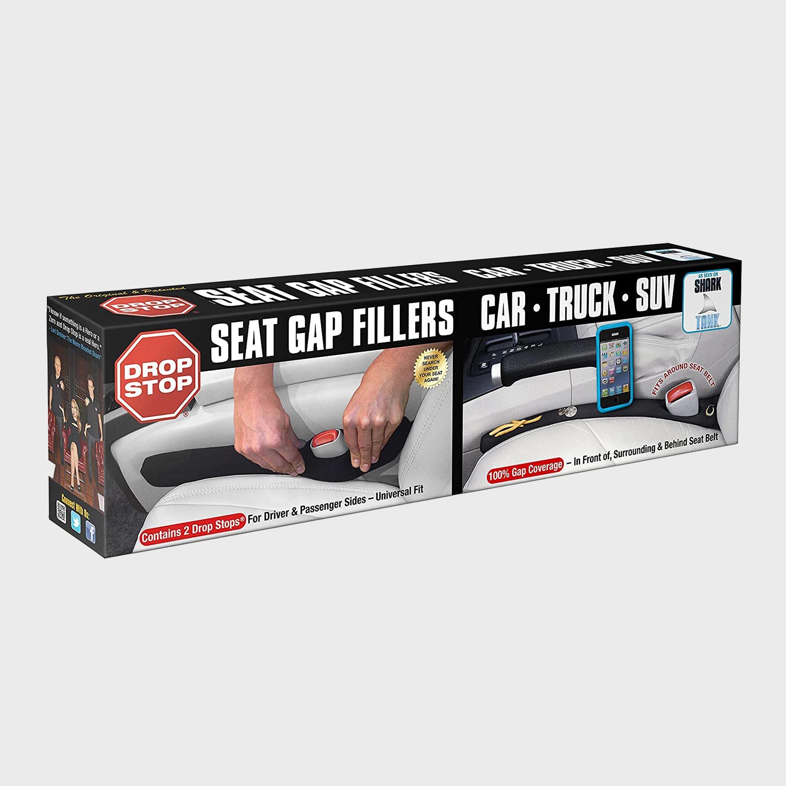 Box shows seat gap fillers being installed, preventing items from falling between car seats. Text highlights universal fit and complete gap coverage.