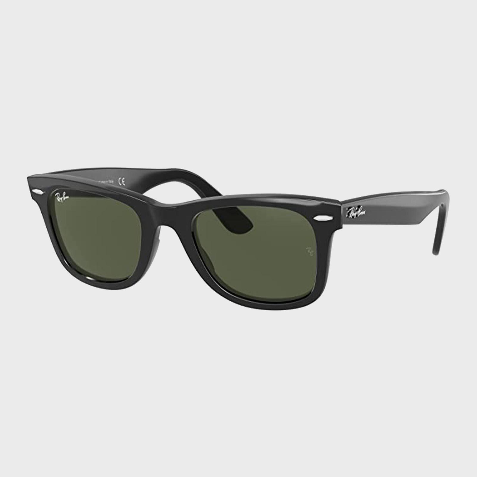 Sunglasses display on a light background; black frame with dark green lenses, featuring a logo on the upper corner of the right lens.