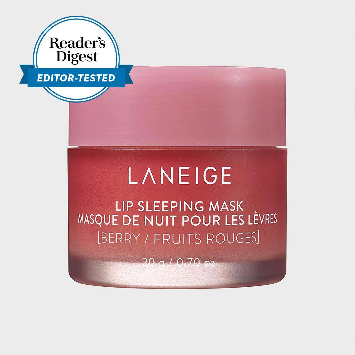Jar displays text: "LANEIGE Lip Sleeping Mask, Berry," with "Reader's Digest Editor-Tested" badge on a plain background.