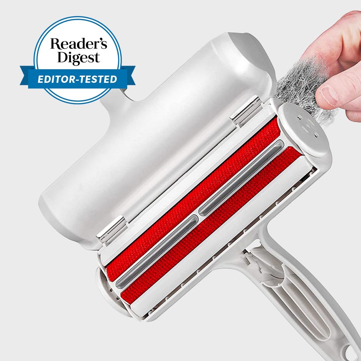Lint roller collects fur, hand removes trapped hair; white background. Text reads: "Readerâ€™s Digest EDITOR-TESTED."