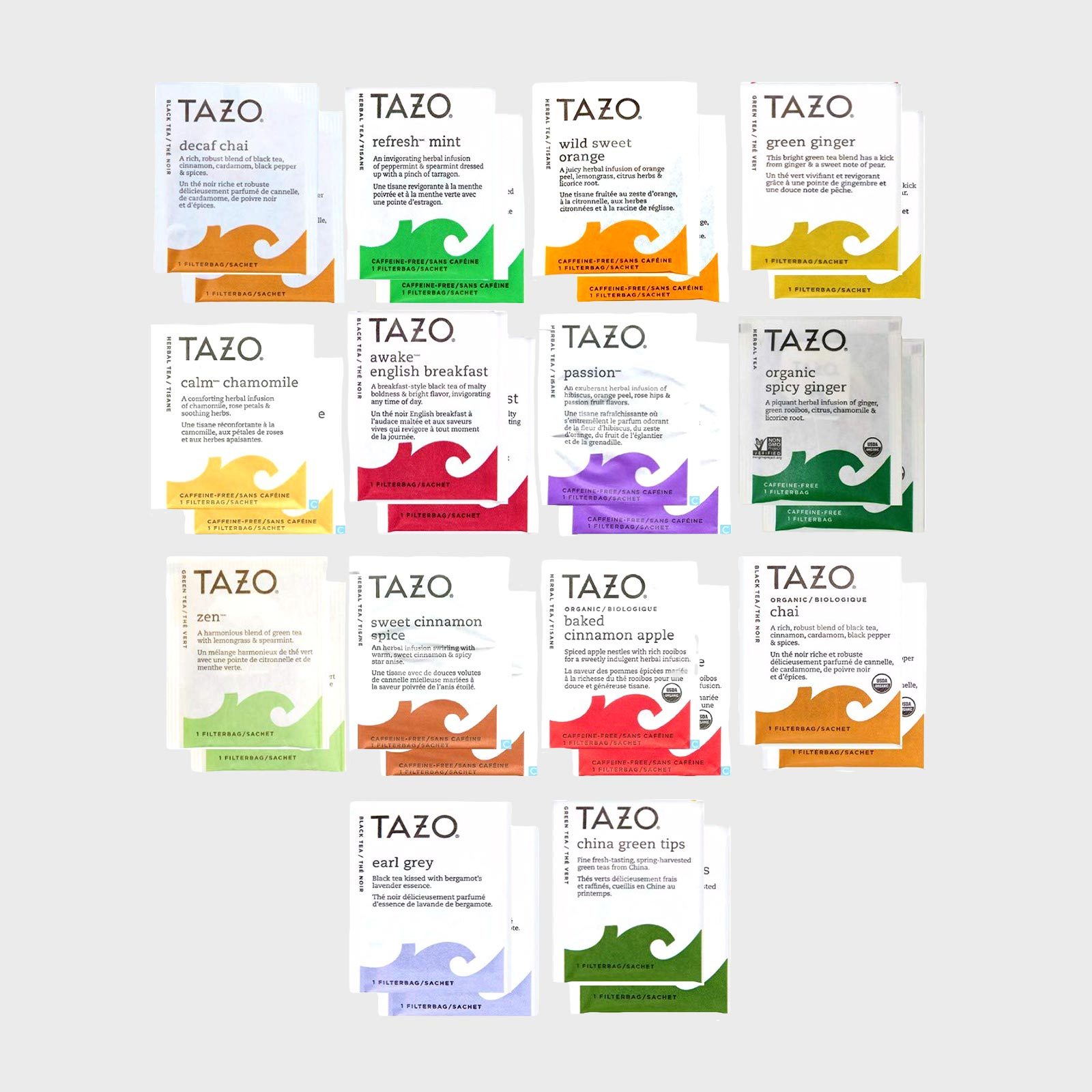Twelve Tazo tea packets are displayed. Each packet features unique flavors, distinct text descriptions, and color-coded designs on a light gray background.