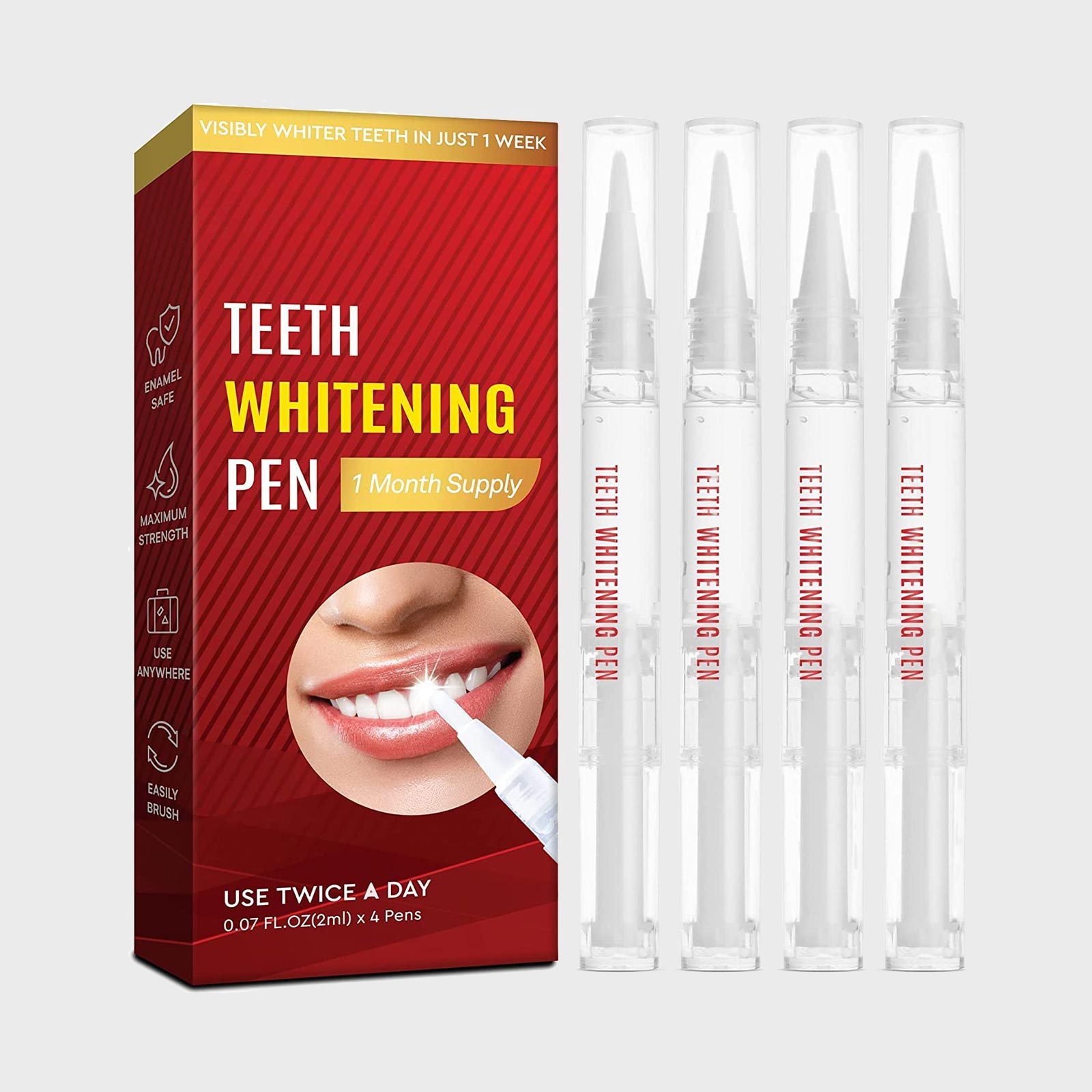Teeth whitening pen set displayed beside red box highlighting "1 Month Supply" and usage instructions, emphasizing enamel safety and maximum strength.