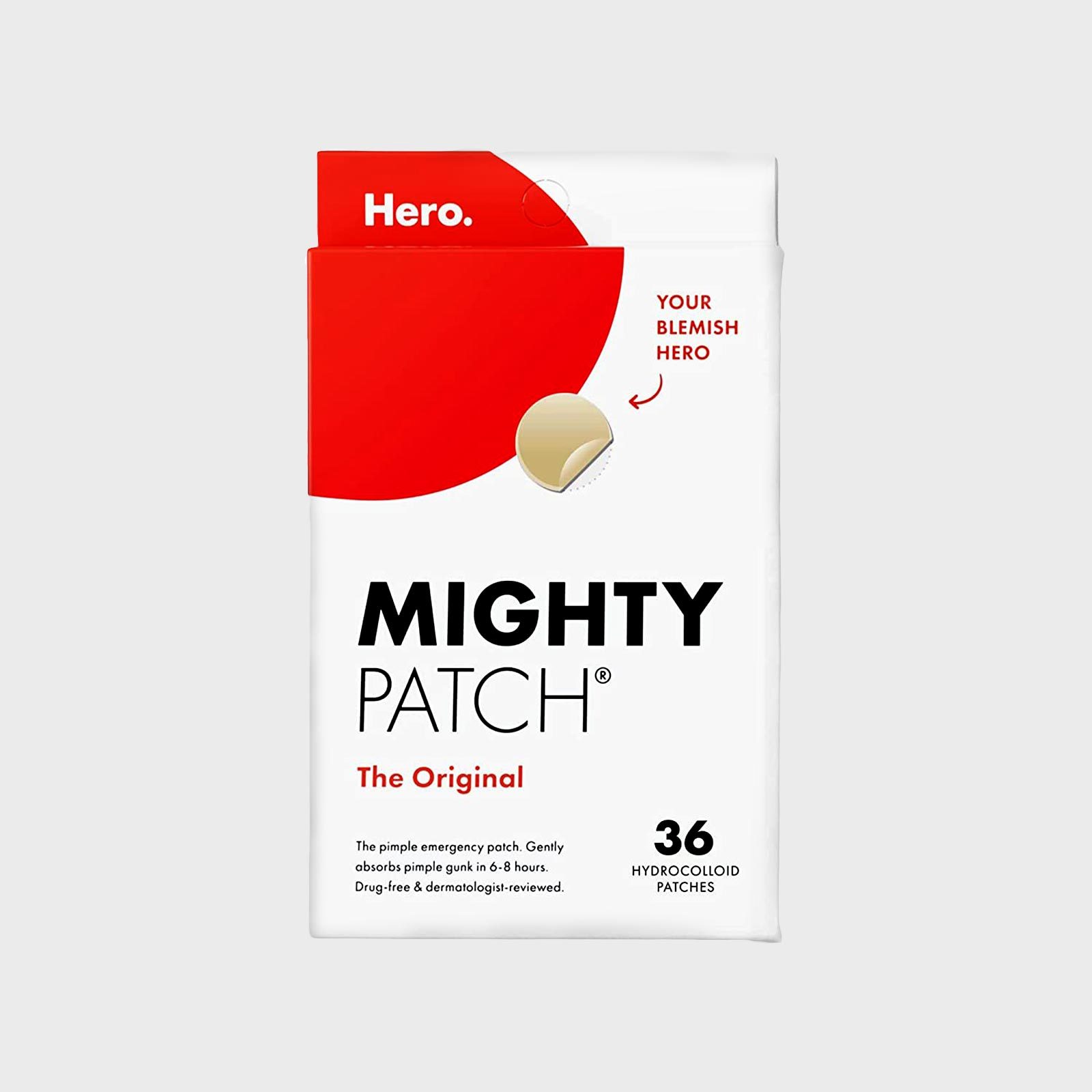 Box holds 36 hydrocolloid patches, labeled "Mighty Patch." Text describes it as a pimple emergency patch. White and red packaging, beige patch illustration.