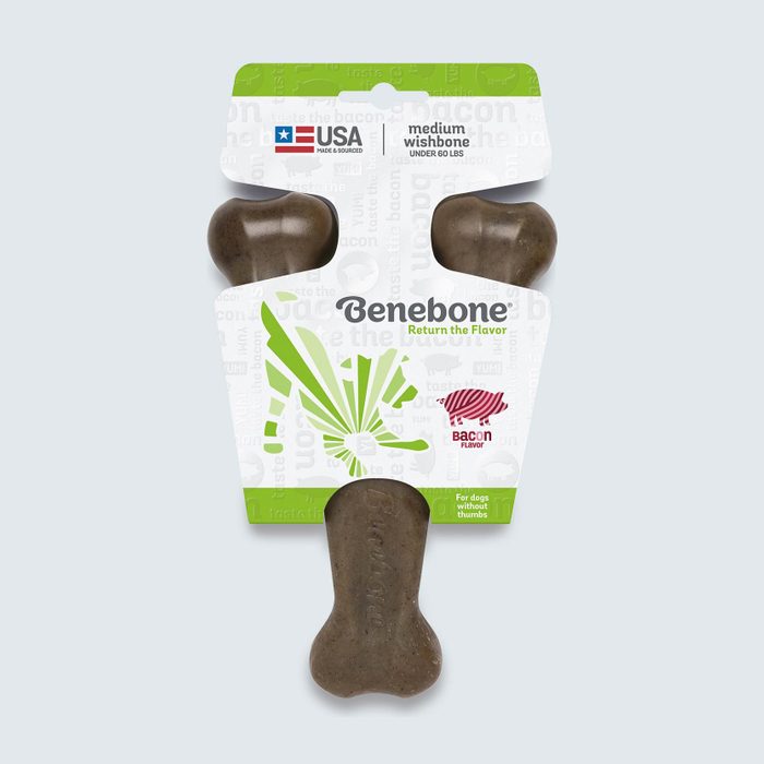 Dog bone toy designed as a wishbone with packaging, labeled 