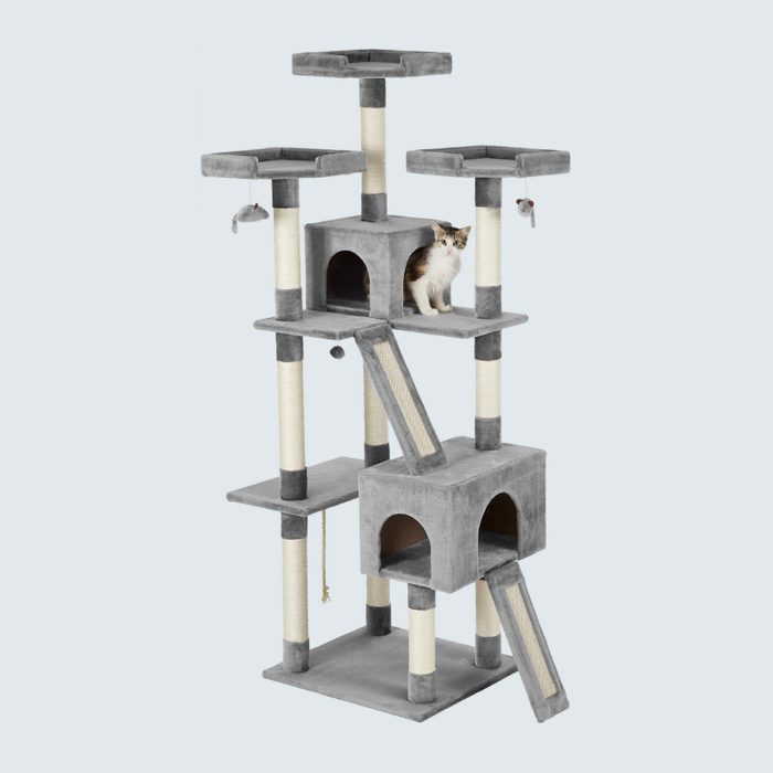 Cat sits on multi-level play tower with ramps and hanging toys in a minimalist room.